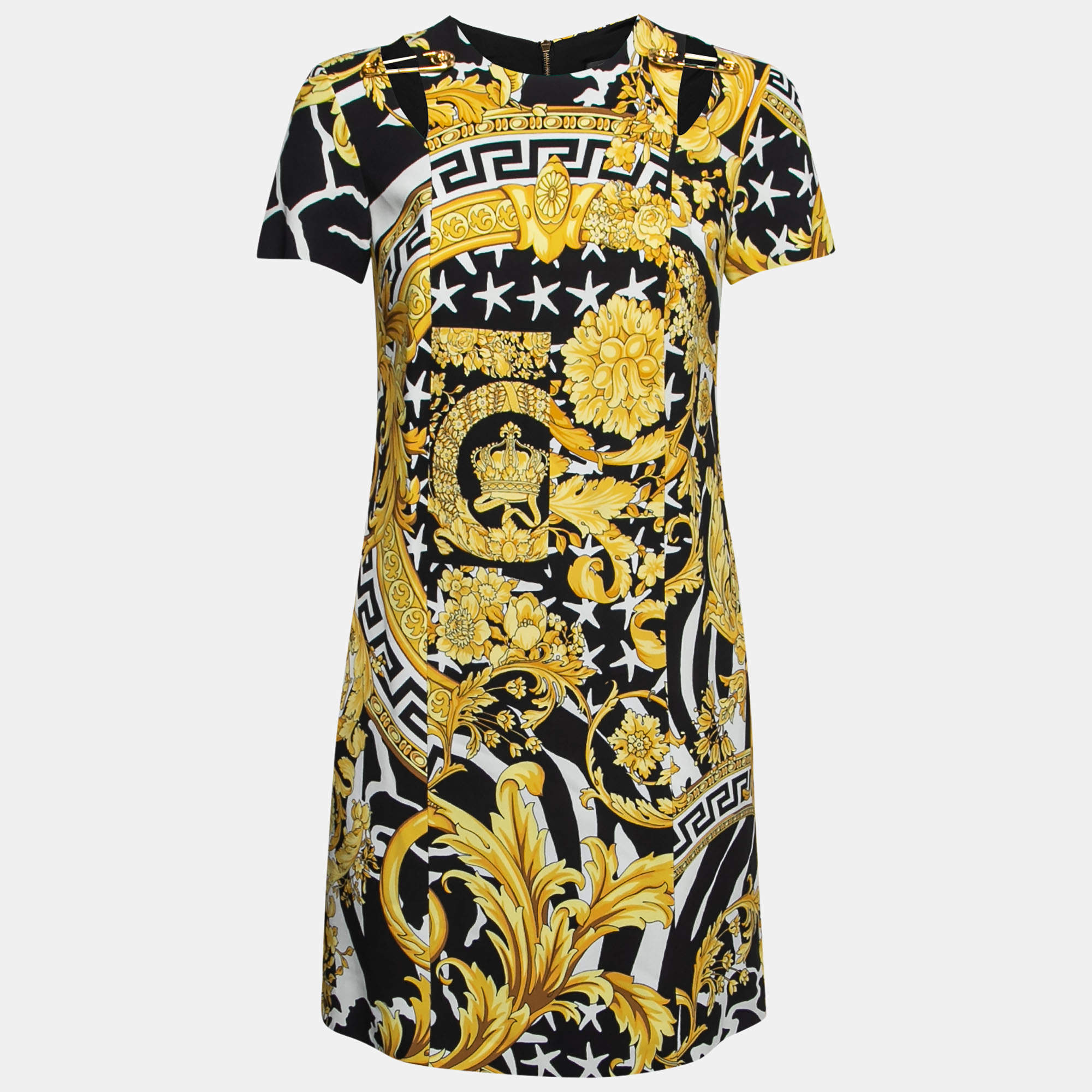 Pre Owned Versace Black Baroque Printed Crepe Shift Dress S