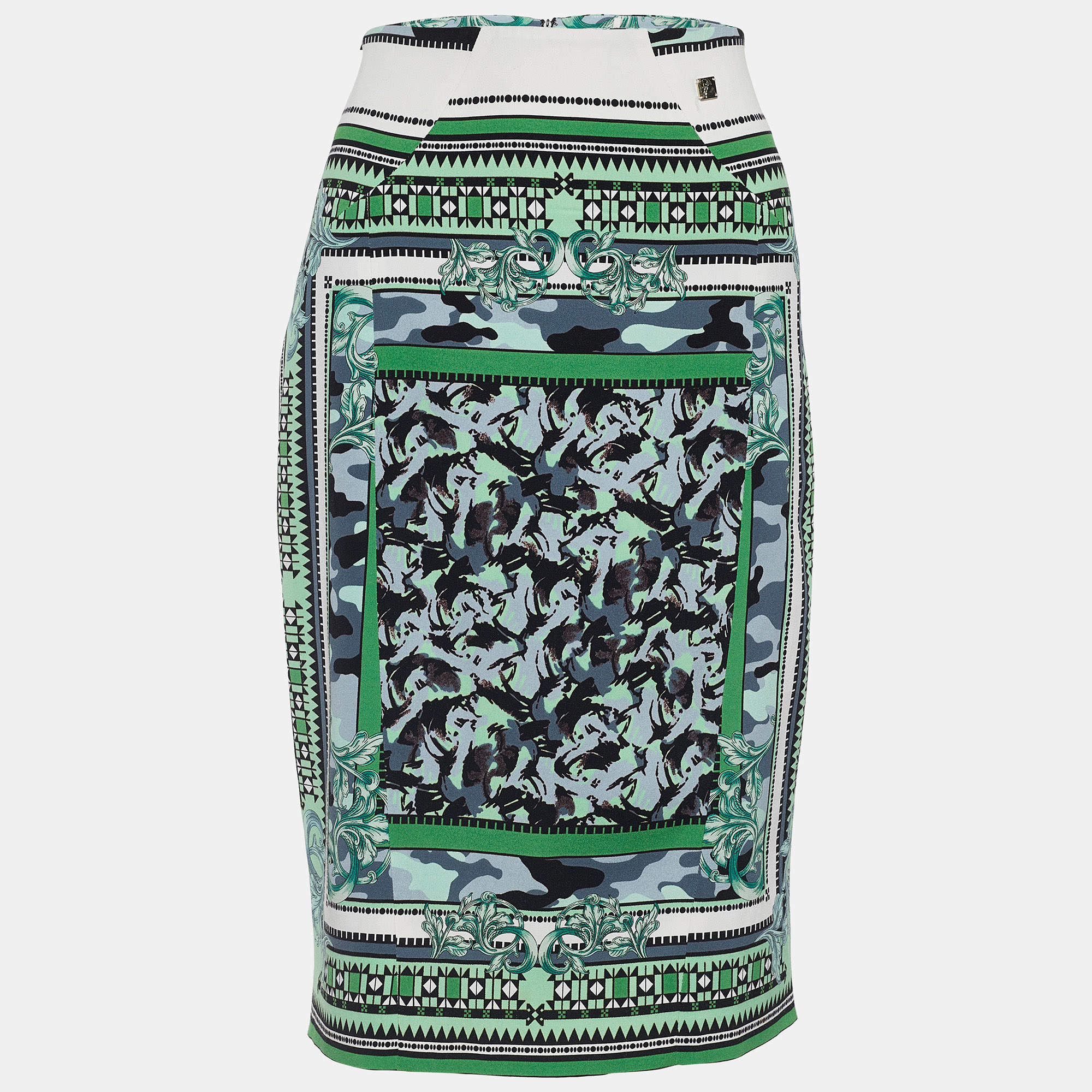 Versace Collection Green Baroque Print Crepe Pencil Skirt L