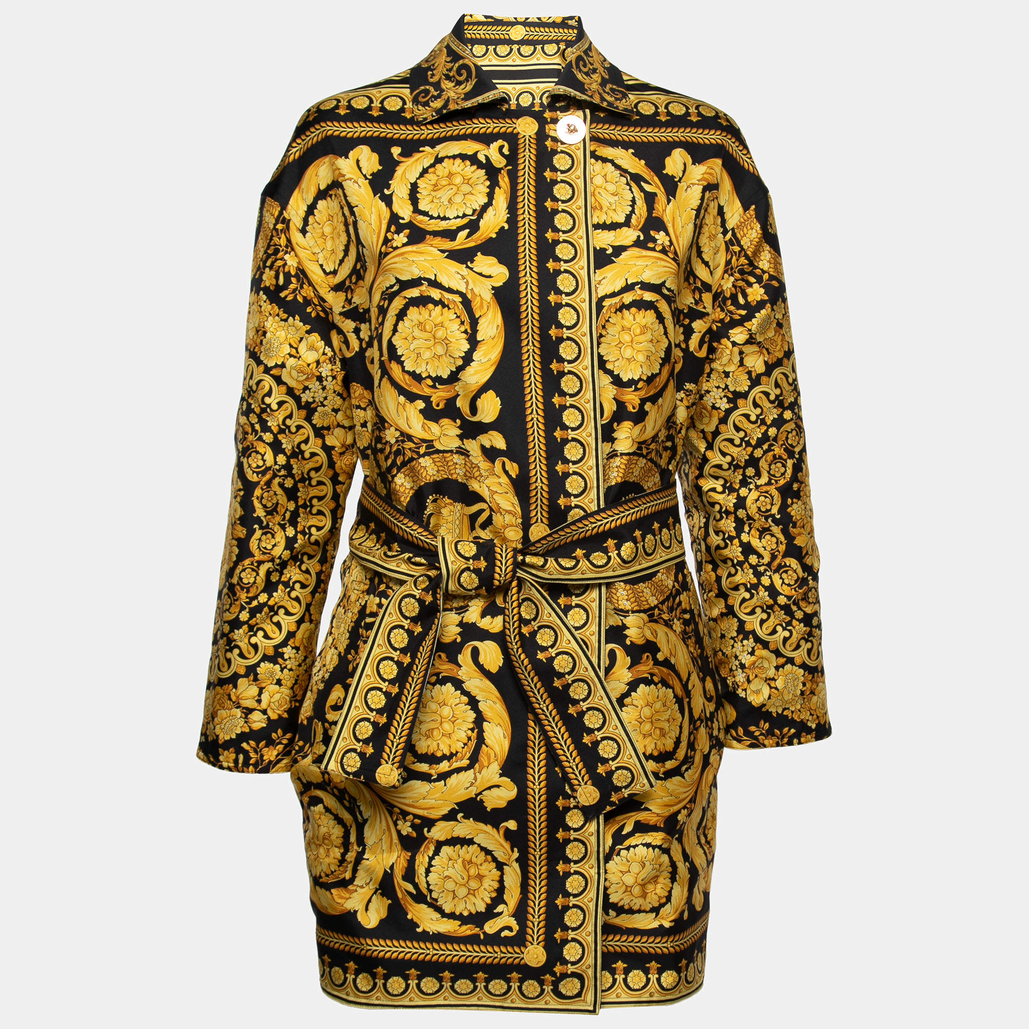 Pre Owned Versace Black Medusa Print Cotton & Silk Reversible Belted Jacket S