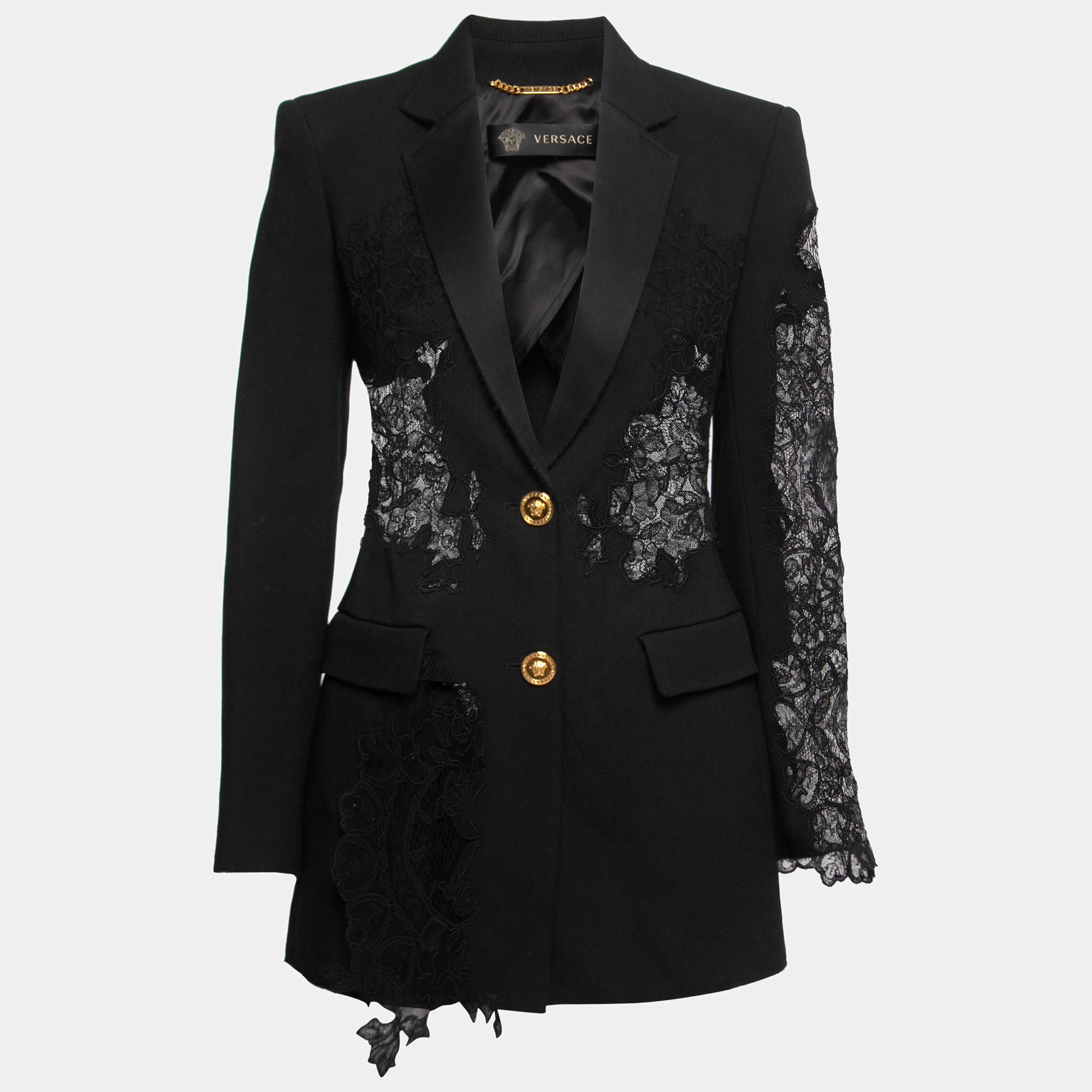 مملوكة مسبقًا Versace Black Crepe & Lace Inset Raw Hem Blazer S