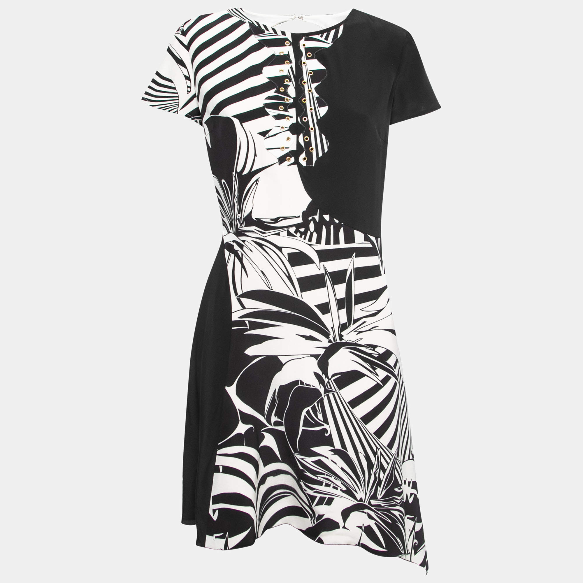 Pre Owned Versace Monochrome Printed Silk Crepe Dress M