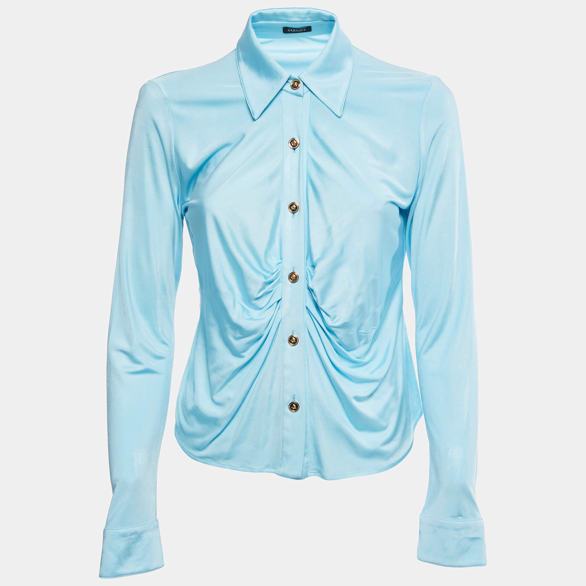 Pre Owned Versace Blue Jersey Ruched Button Front Top M