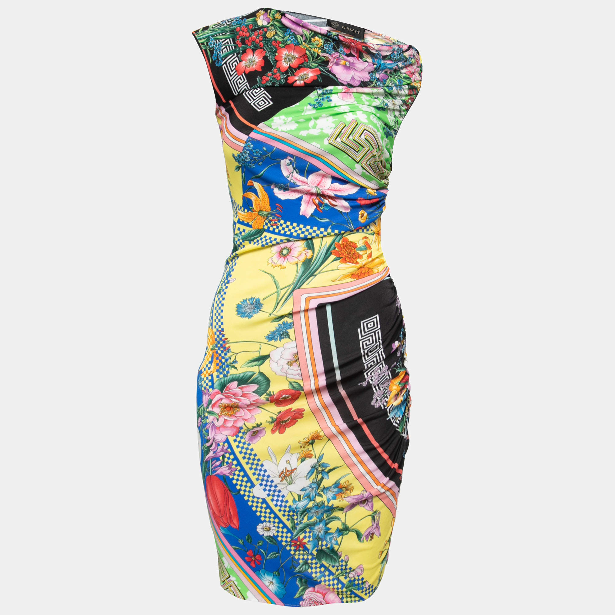 Versace Multicolor Stretch Jersey Ruched Bodycon Dress M Versace