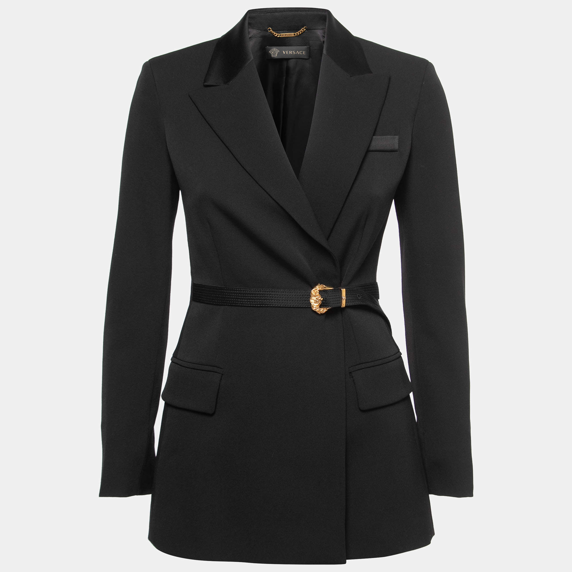 Pre Owned Versace Black Crepe-Wool Belted Blazer XS