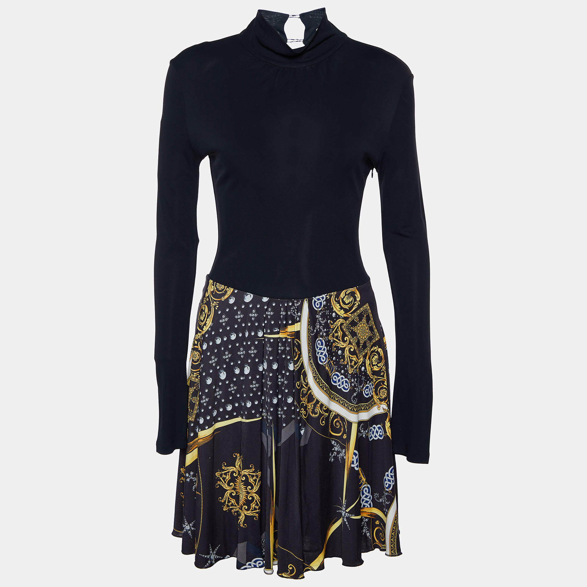 Pre Owned Versace Collection Black Baroque printed Jersey Long Sleeve Mini Dress M
