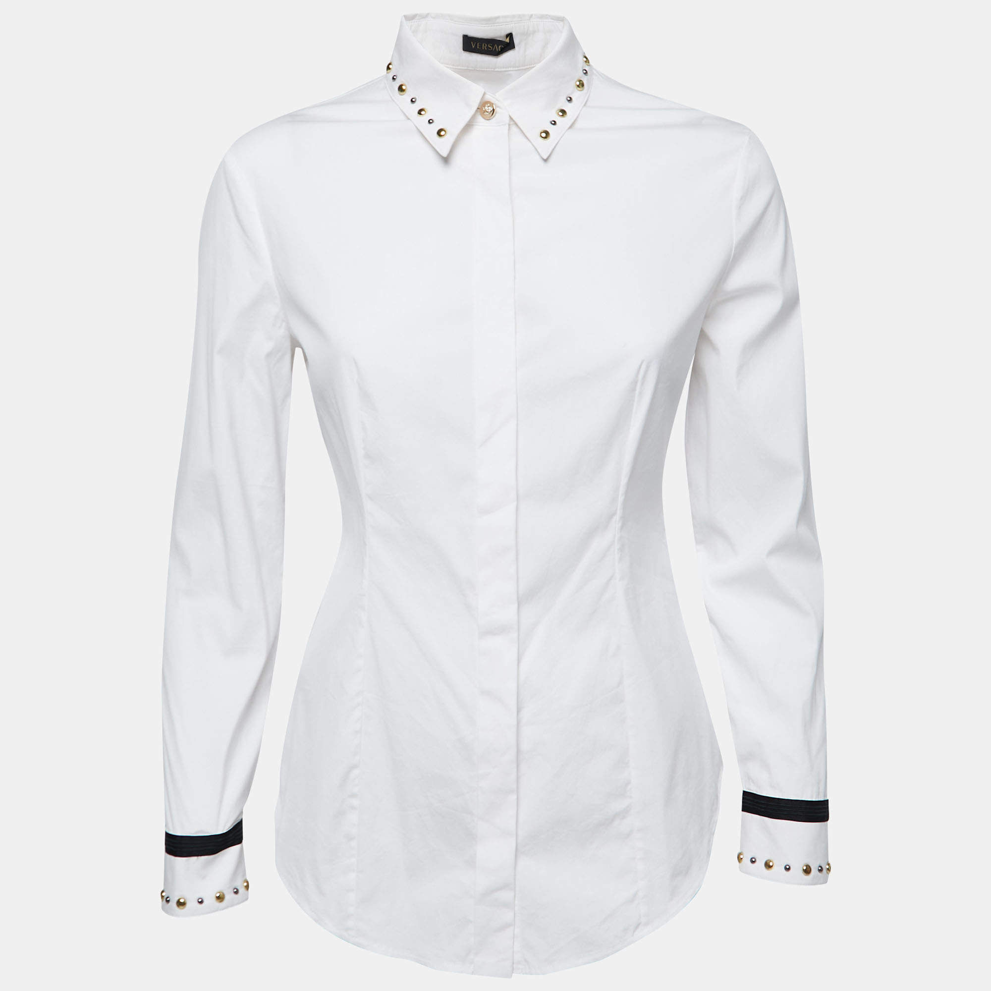 Pre Owned Versace White Cotton Stud Detail Button Front Shirt S