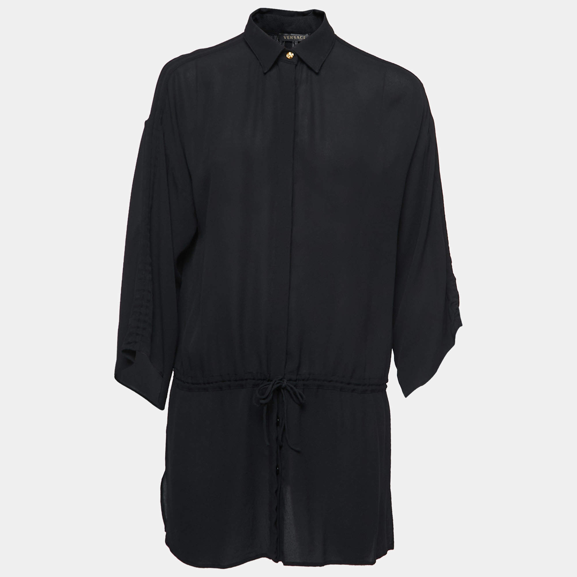 Versace Black Silk Button Front  Tie Detail Mini Shirt Dress M