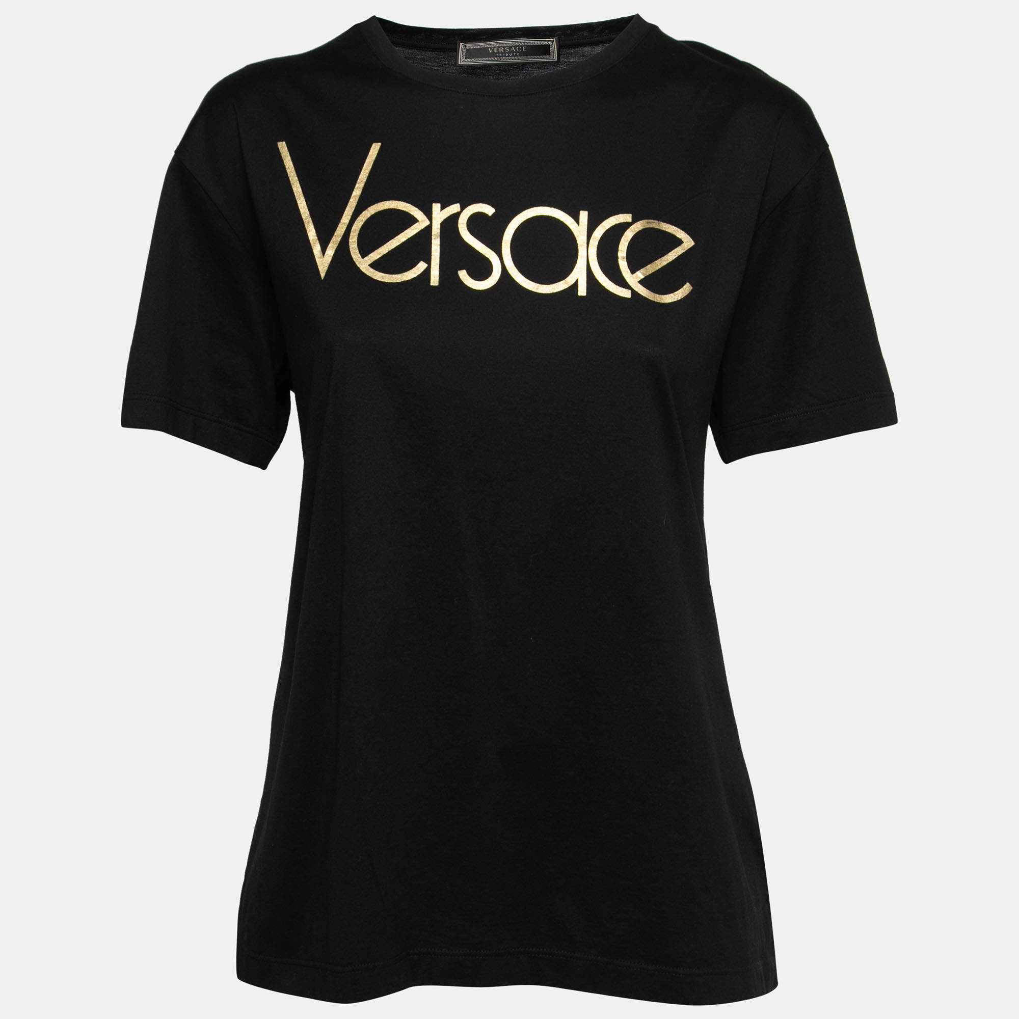 مملوكة مسبقًا Versace Tribute Black Vintage Logo Print Cotton T-Shirt S