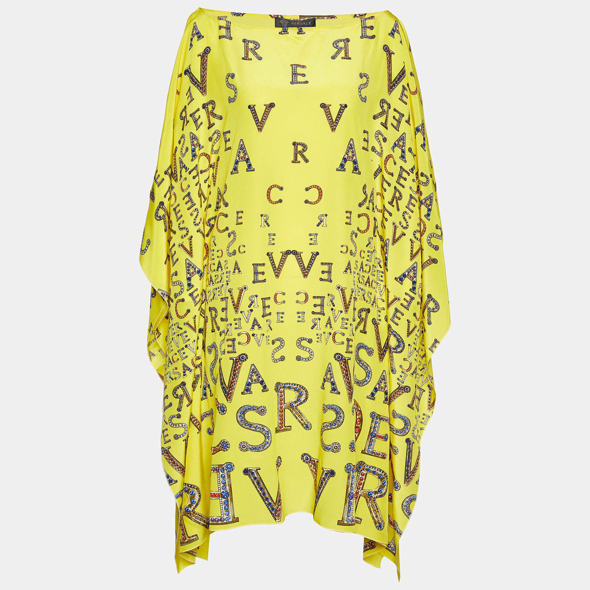 Pre Owned Versace Yellow Logo Printed Kaftan Mini Dress M