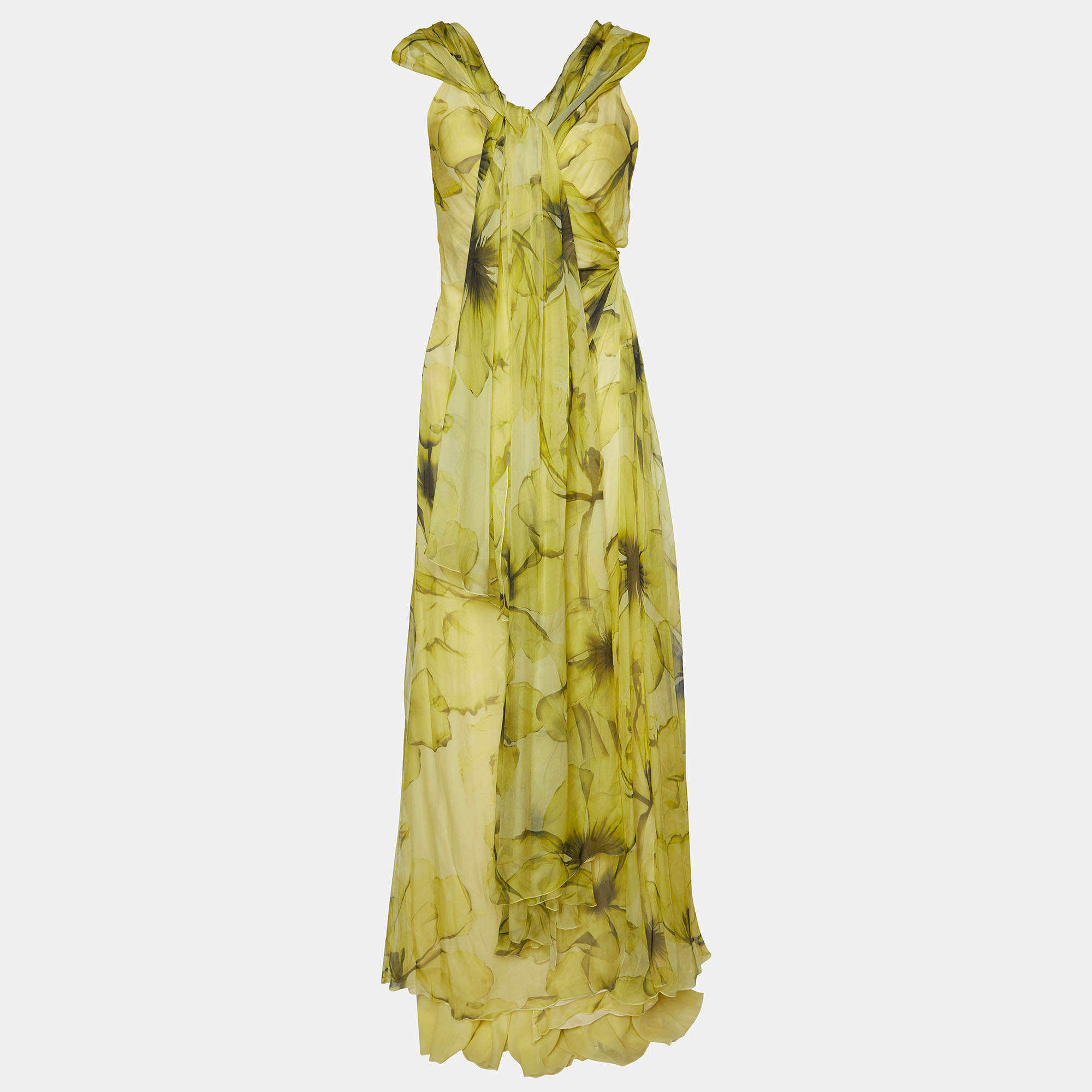 Pre Owned Versace Yellow Printed Silk Sleeveless Wrap Maxi Dress M