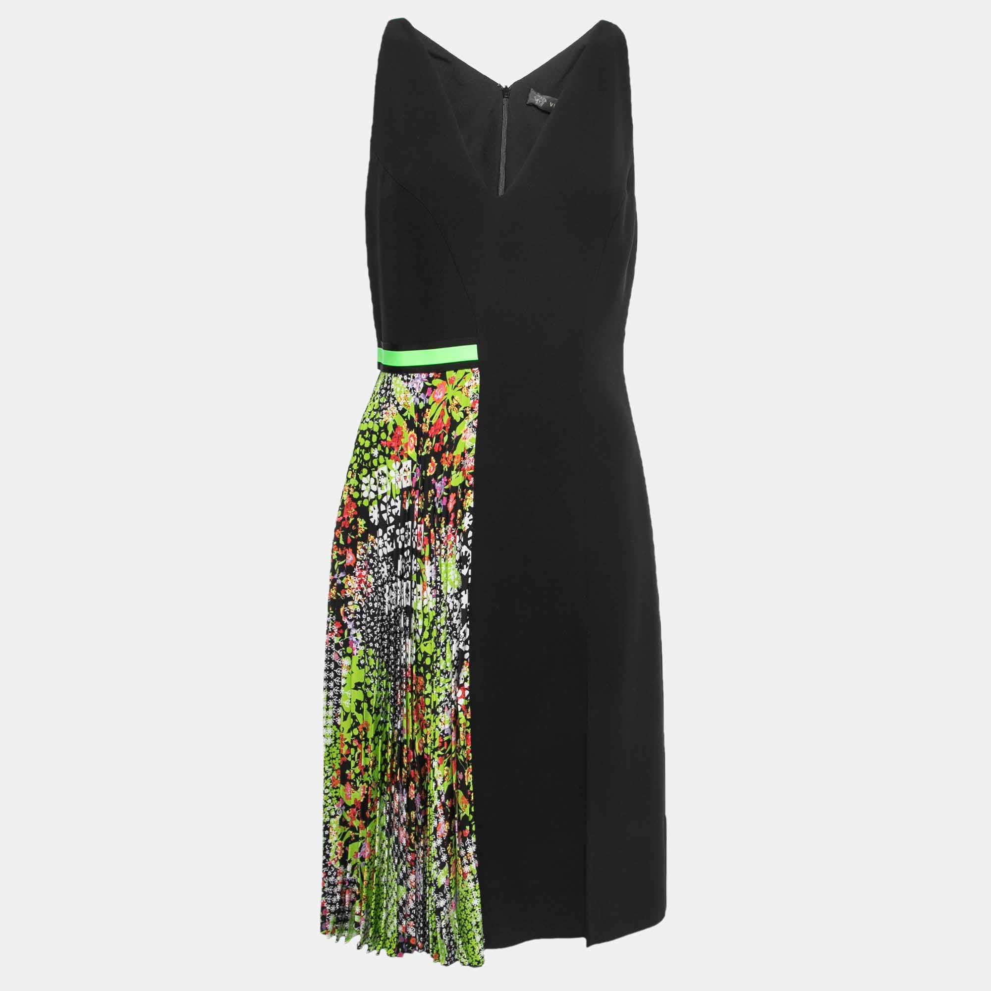 Pre Owned Versace Black/Green Printed Silk Pleat Detail Sleeveless Midi Dress M