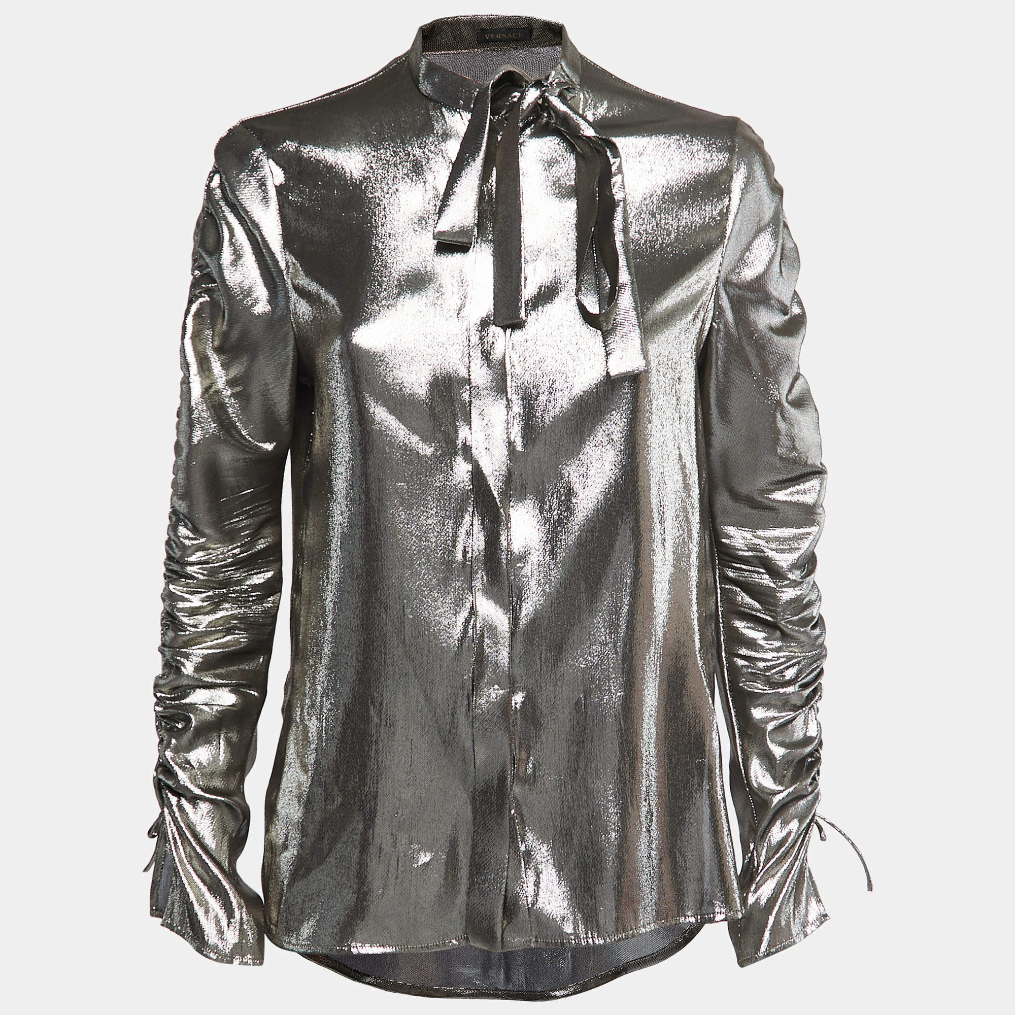 Versace Metallic Lurex Silk Blend Ruched Sleeve Neck Tie Detailed Shirt Blouse S