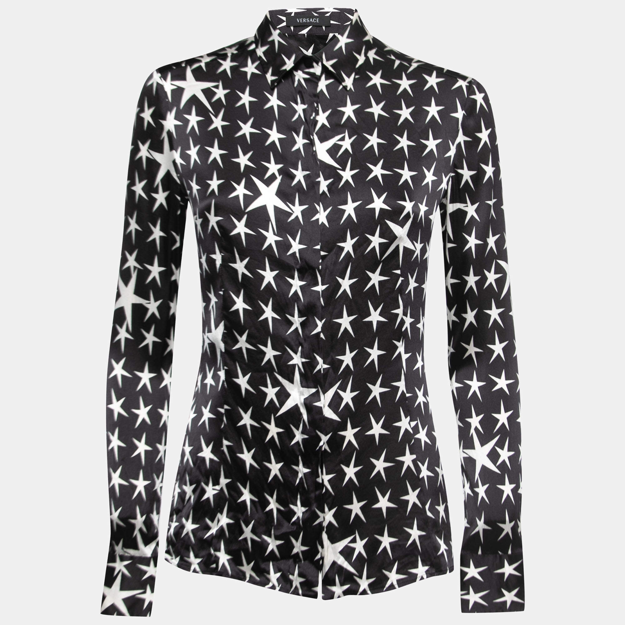 Pre Owned Versace Black Star Printed Silk Satin Button Front Full Sleeve Shirt S
