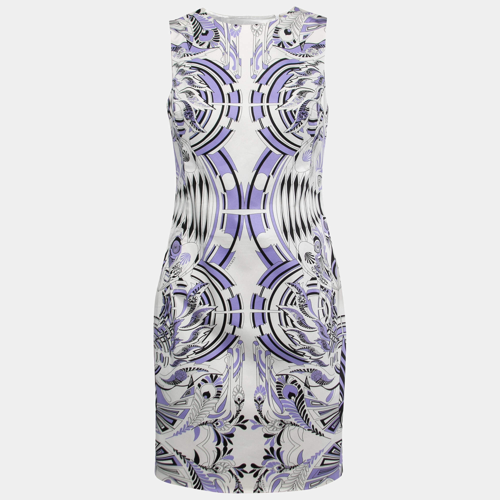 Pre Owned Versace White & Lilac Printed Cotton Sleeveless Sheath Dress M