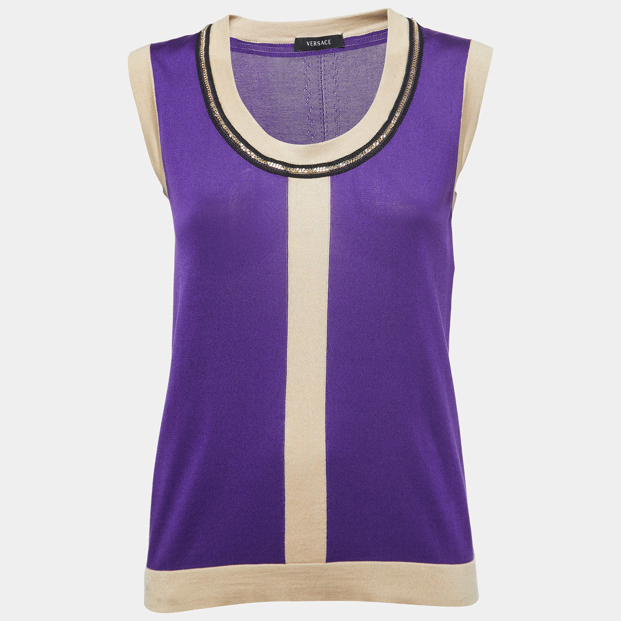 Pre Owned Versace Purple Silk Knit Contrast Trim Sleeveless Top L
