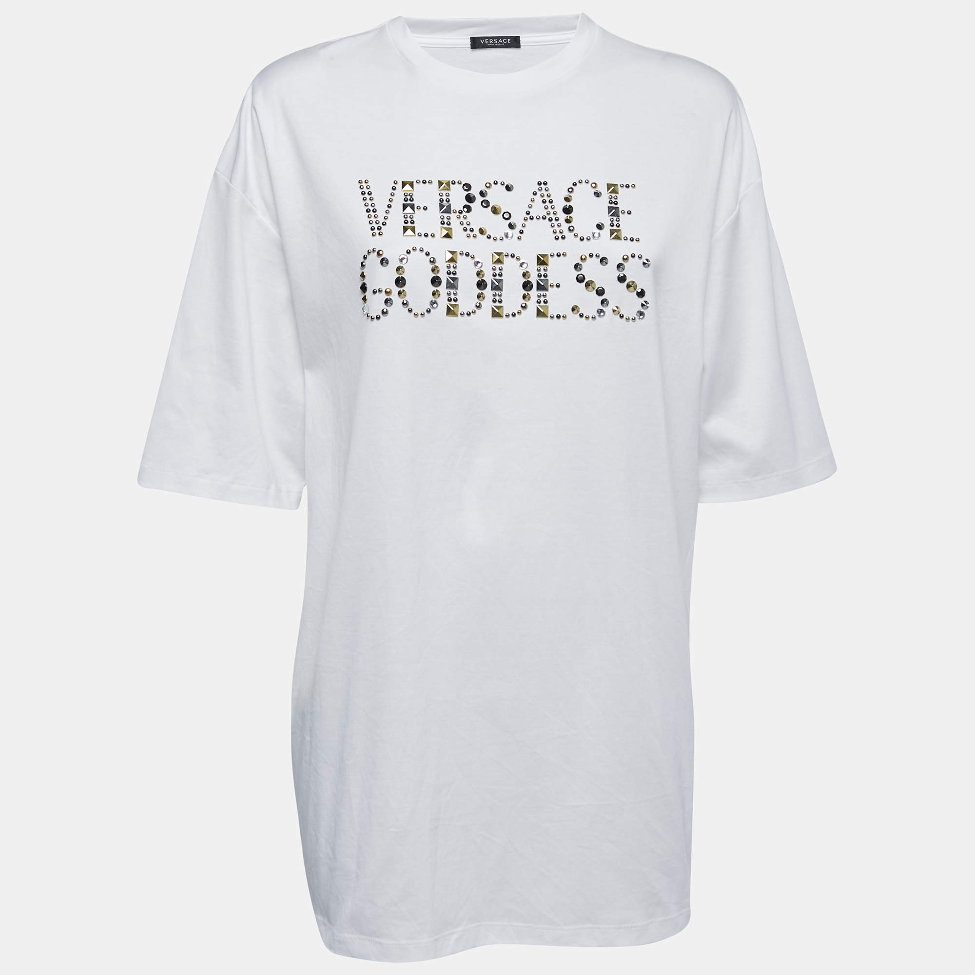 Pre Owned Versace White Studded Cotton Crew Neck Half Sleeve Goddess T-Shirt M