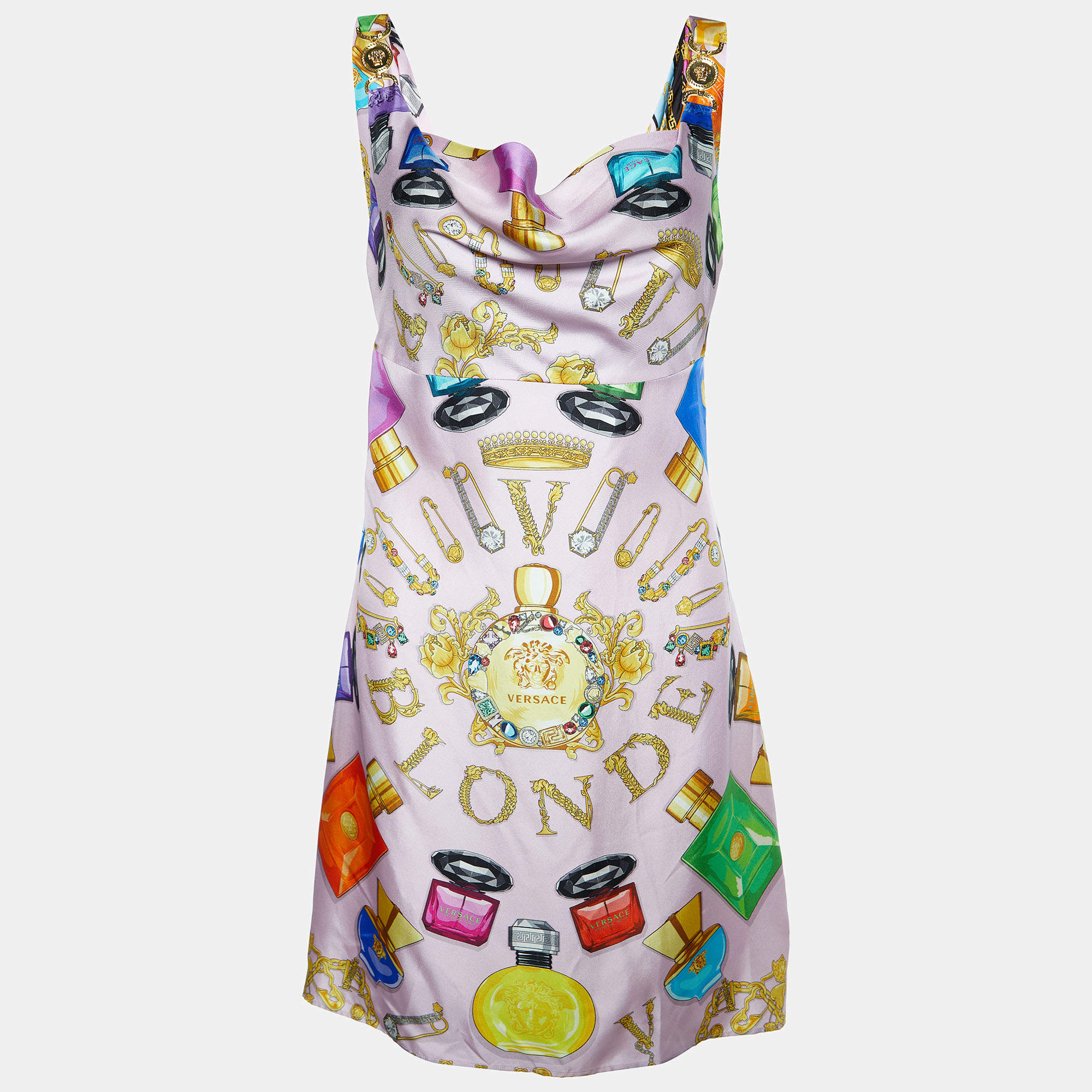 Versace Pink Printed Silk Metal Shoulder Cowl Neck Sleeveless Mini Dress S