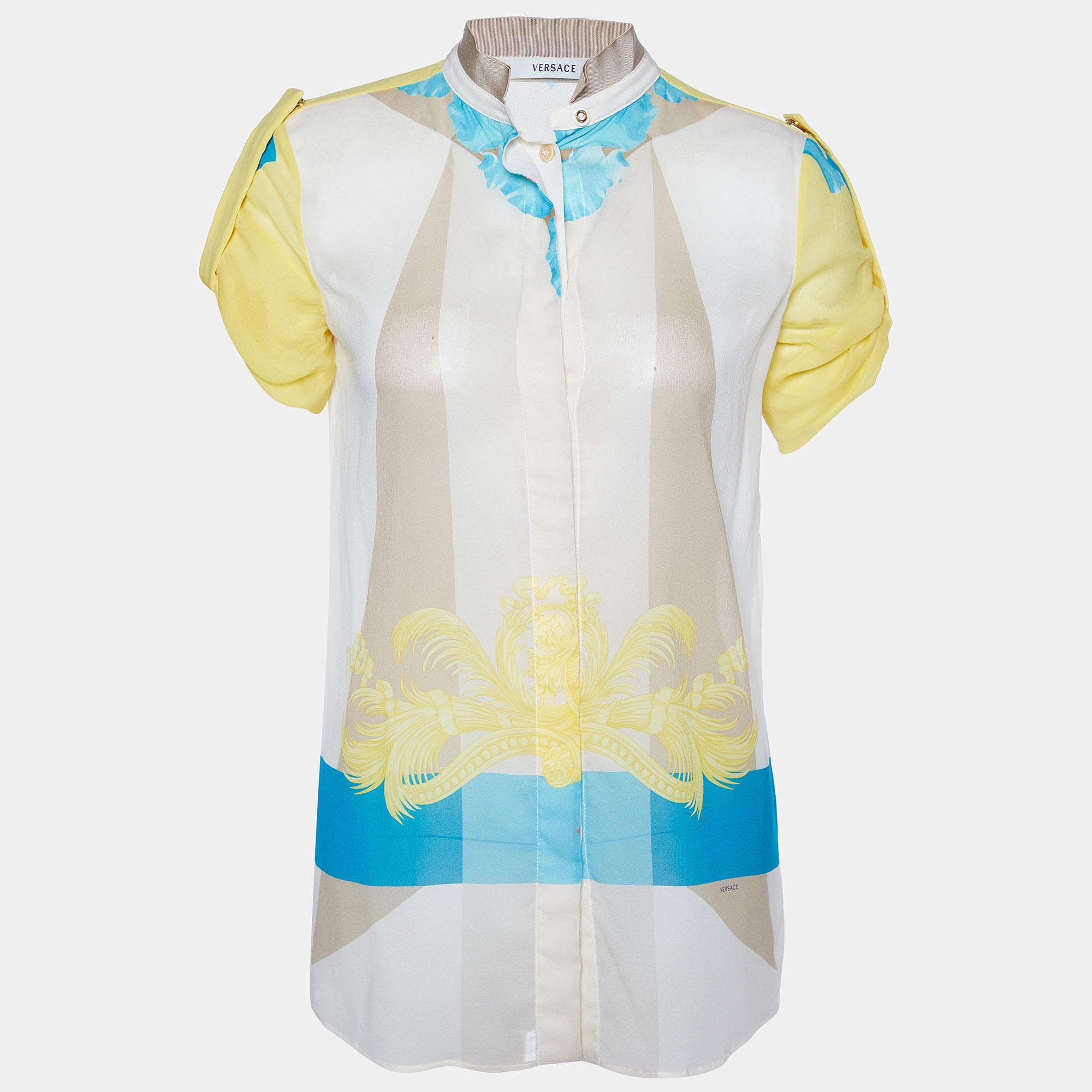 Versace Multicolor Print Sleeve Tab Detail Silk Blouse S