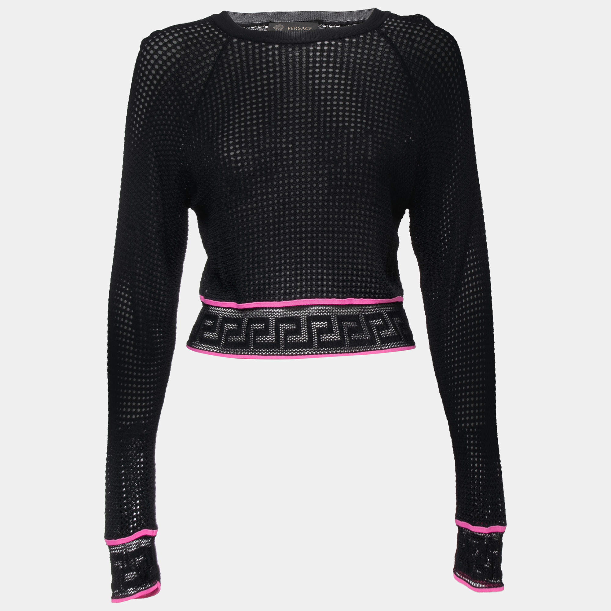 Pre Owned Versace Black Perforated Knit Long Sleeve Top S