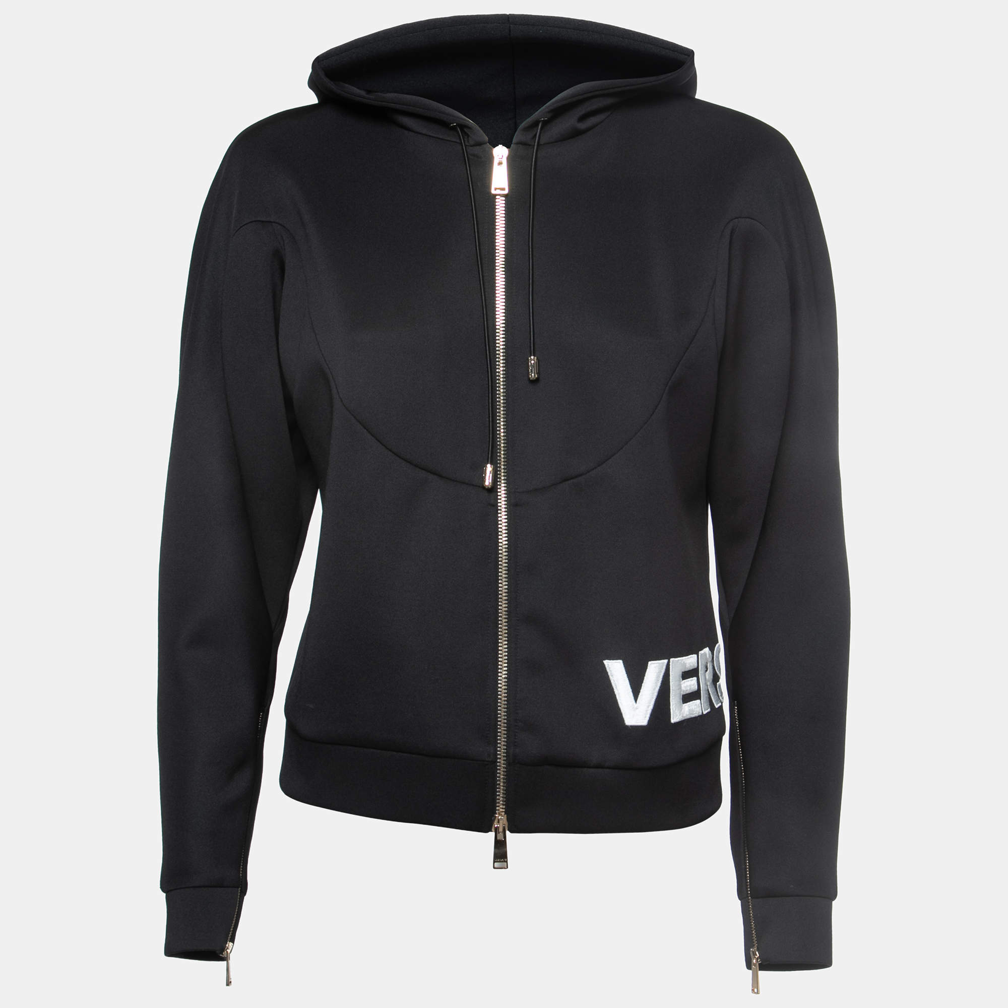 مملوكة مسبقًا Versace Black Logo Embroidered Jersey Zip Front Hooded Jacket S