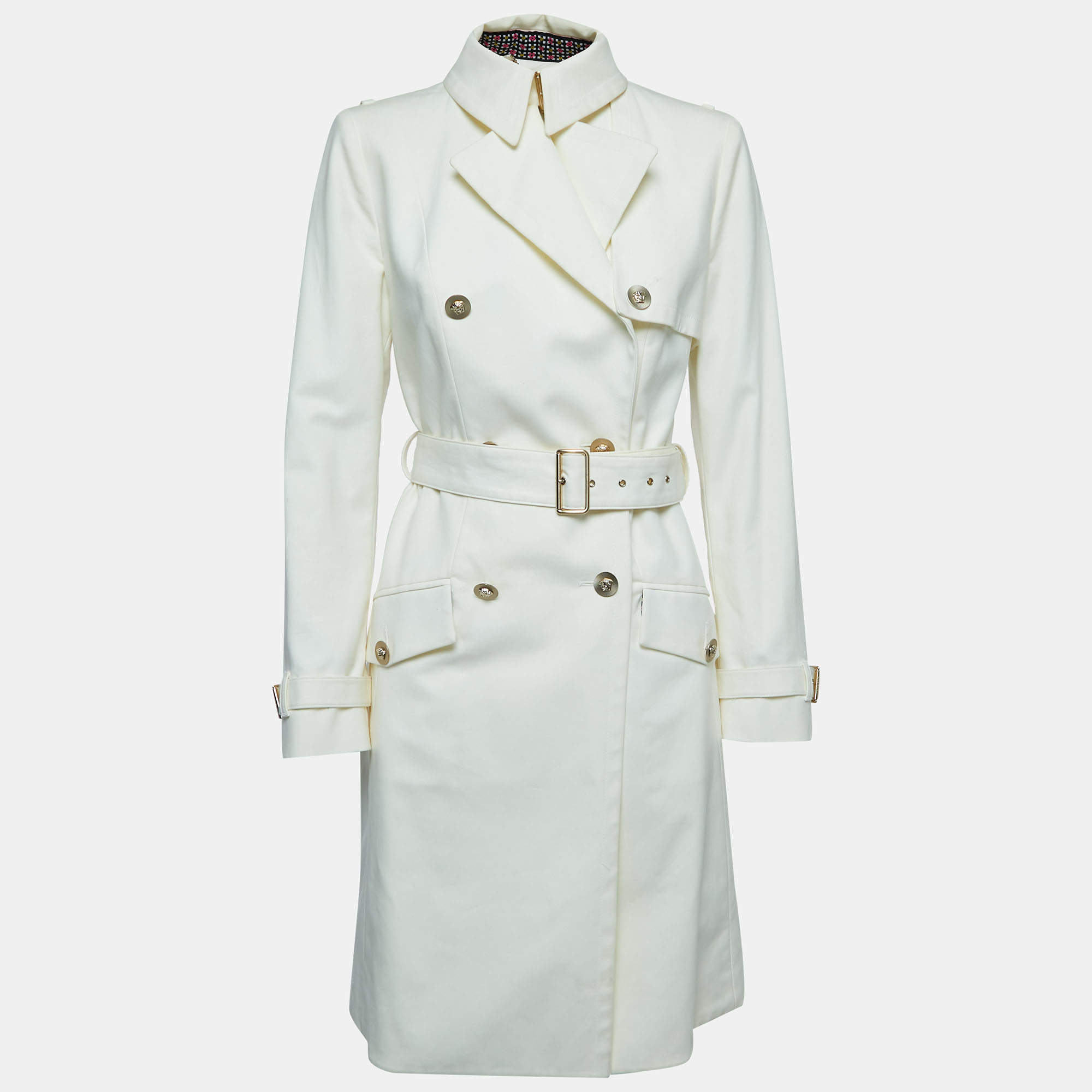 Versace Cream Cotton Double Breasted Belted Trench Coat M