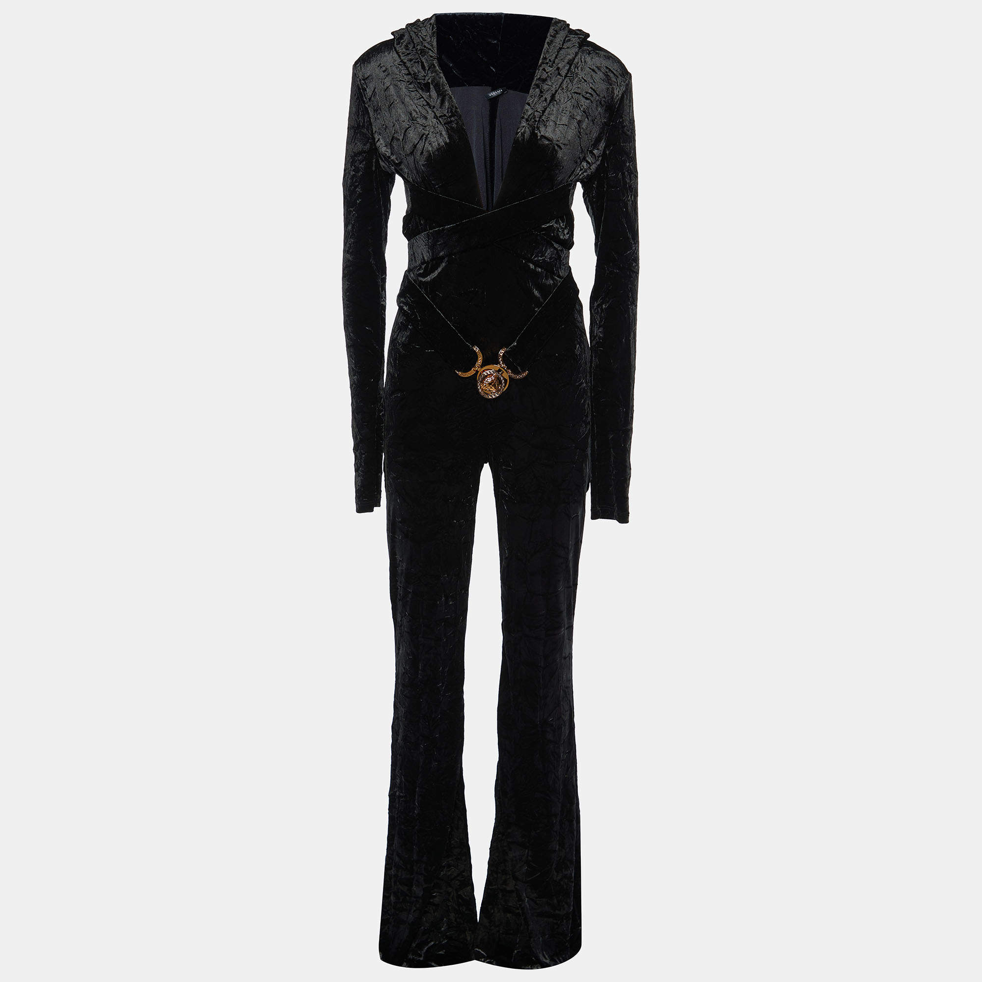 مملوكة مسبقًا Versace Black Velvet Belt Detail Hooded Jumpsuit M
