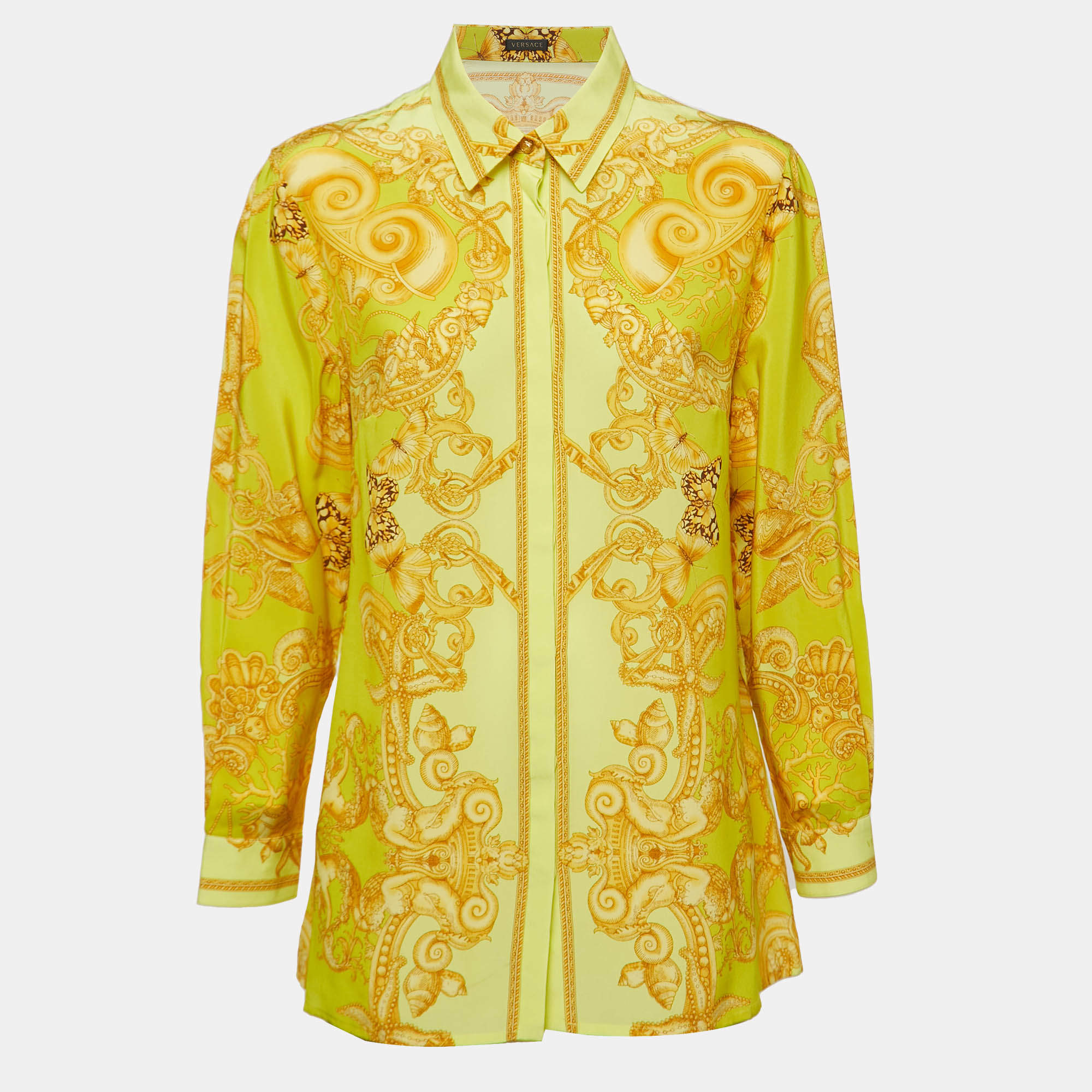 Versace Yellow All-Over Print Silk Button Front Full Sleeve Shirt L