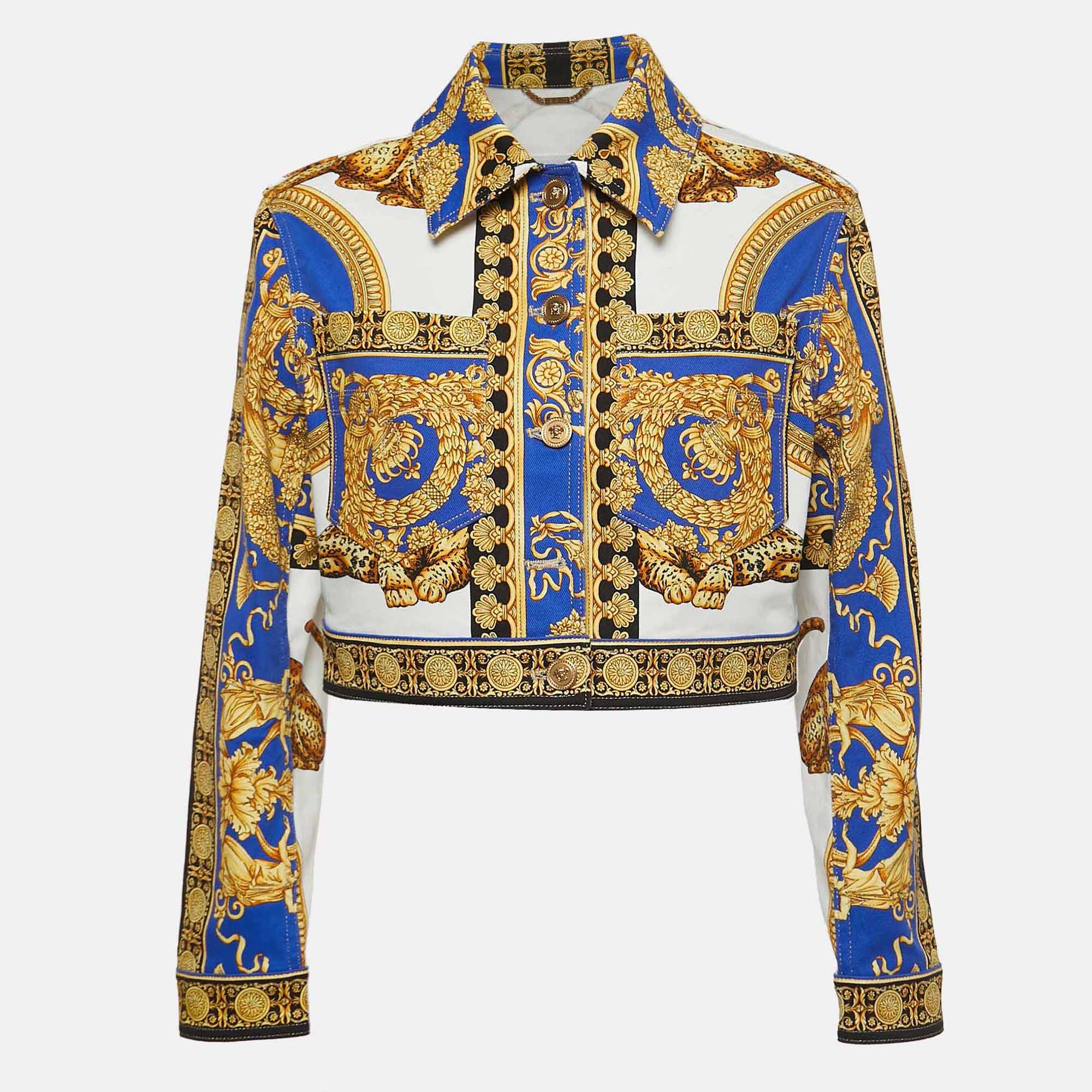 Versace Multicolor Baroque Printed Denim Cropped Jacket L