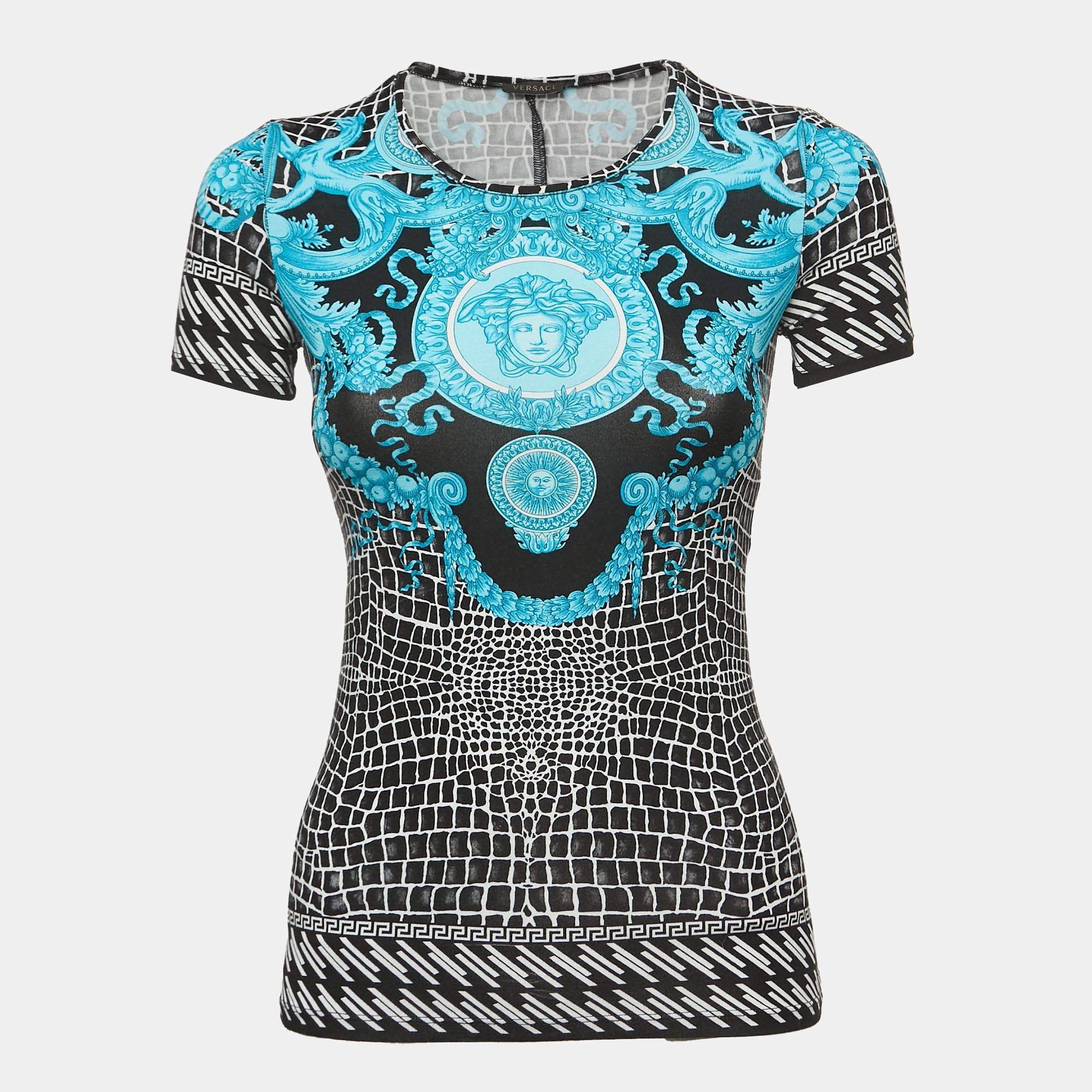 Versace Black/Blue Baroque Medusa Print Jersey T-Shirt XS