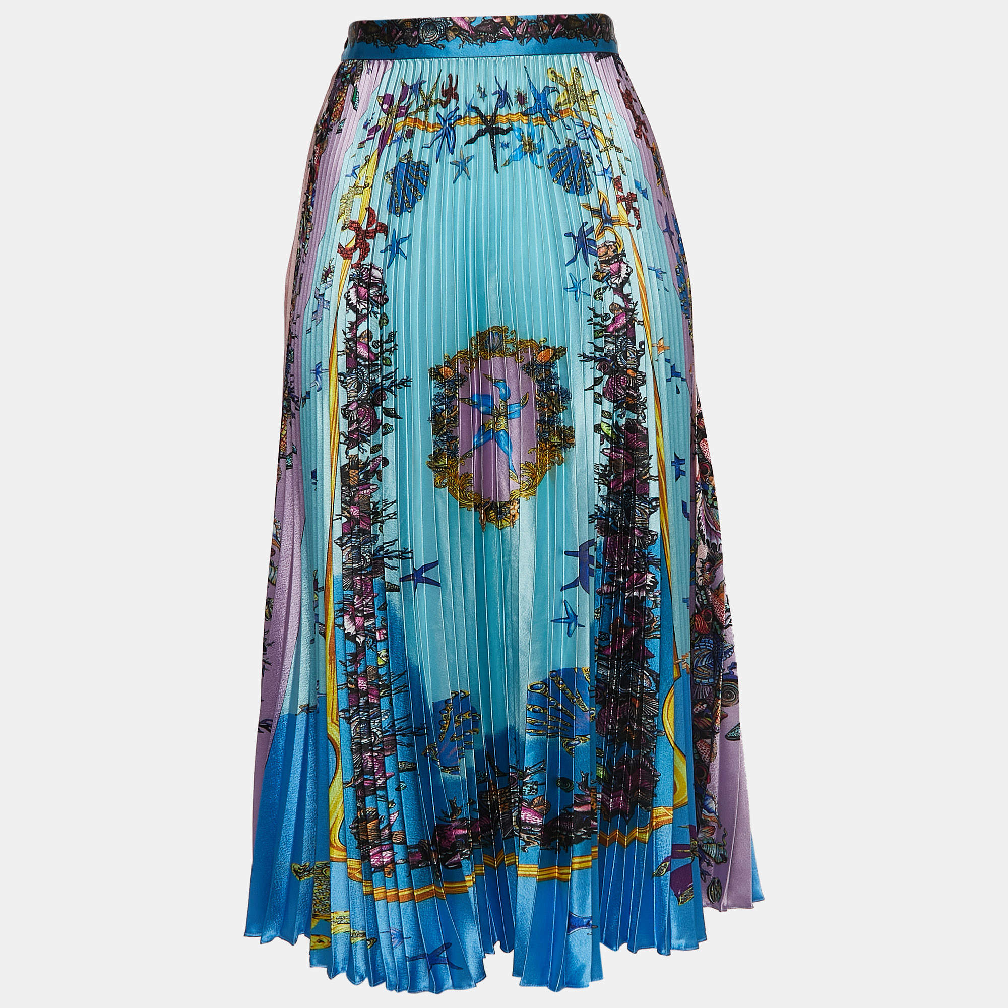 Versace Multicolor Print Satin Pleated Midi Skirt M