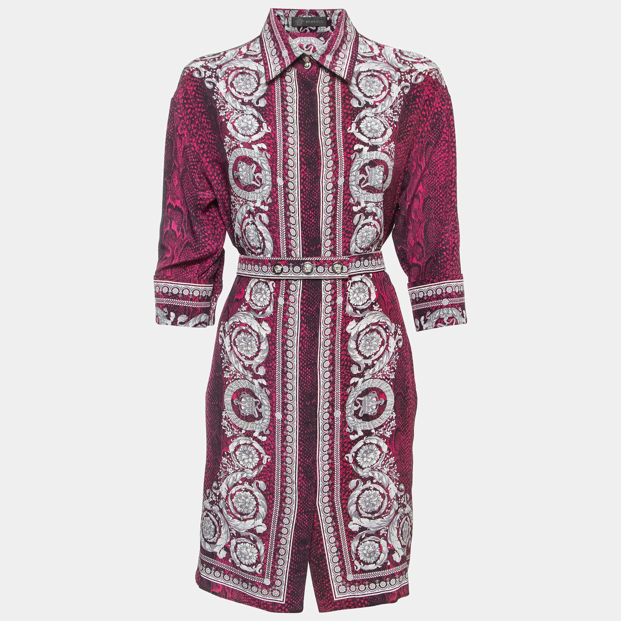 مملوكة مسبقًا Versace Pink Snake & Baroque Print Silk Belted Sheath Dress M