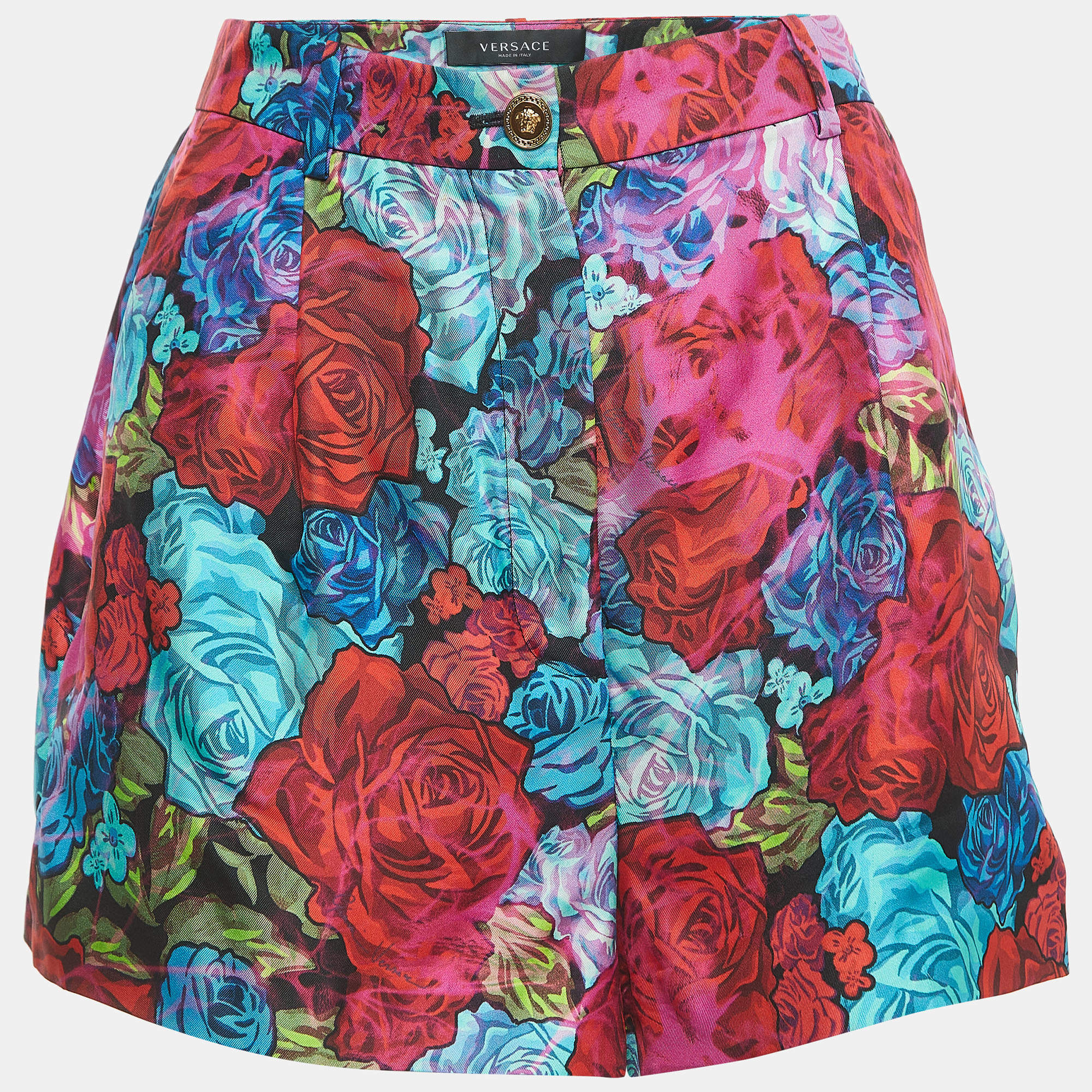 Versace Multicolor Rose Printed Silk Shorts M