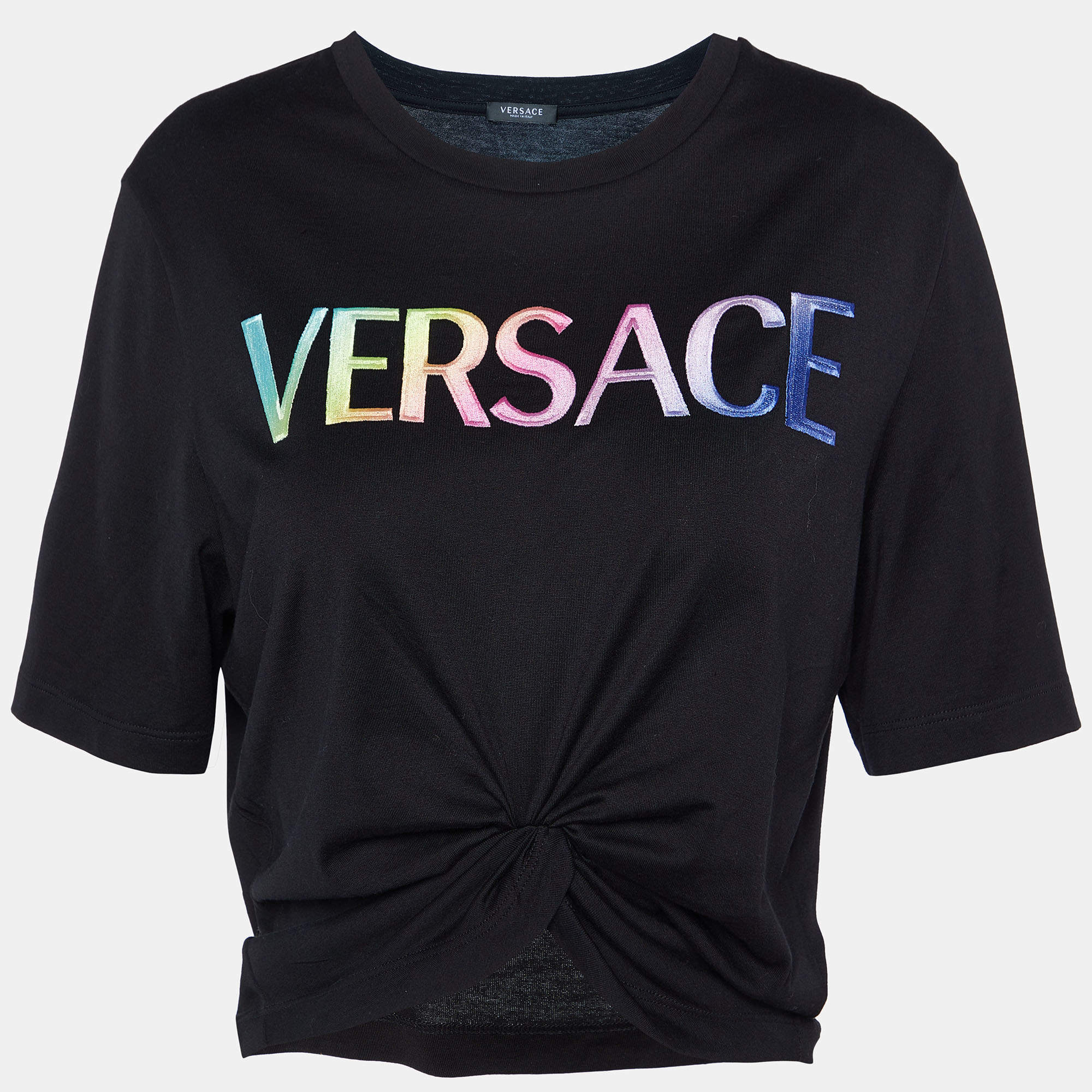 Versace Black Logo Embroidered Cotton Twisted Hem Crop T-Shirt S Versace