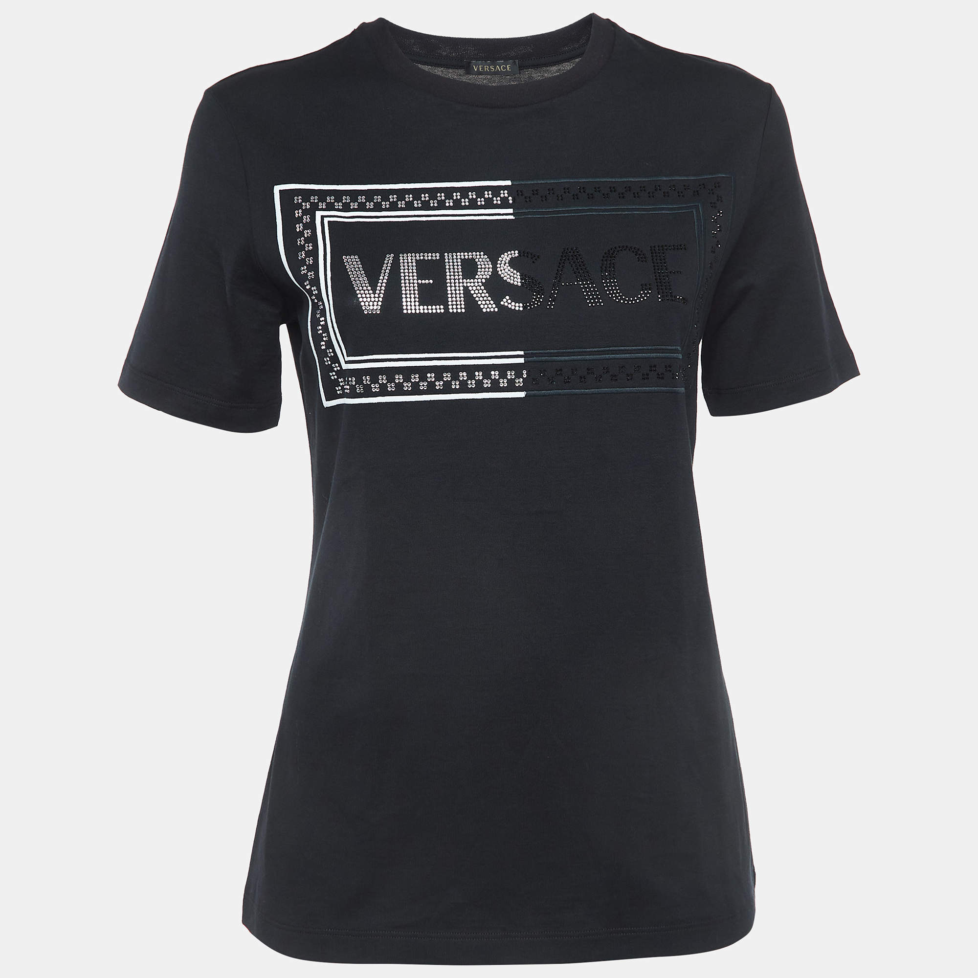 مملوكة مسبقًا Versace Black Embellished Logo Cotton Jersey T-Shirt XS