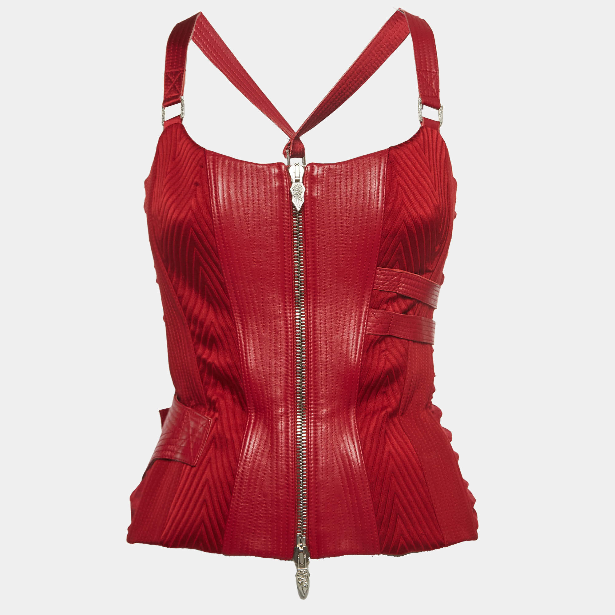 Pre Owned Versace Red Leather and Silk Bondage Corset Top M