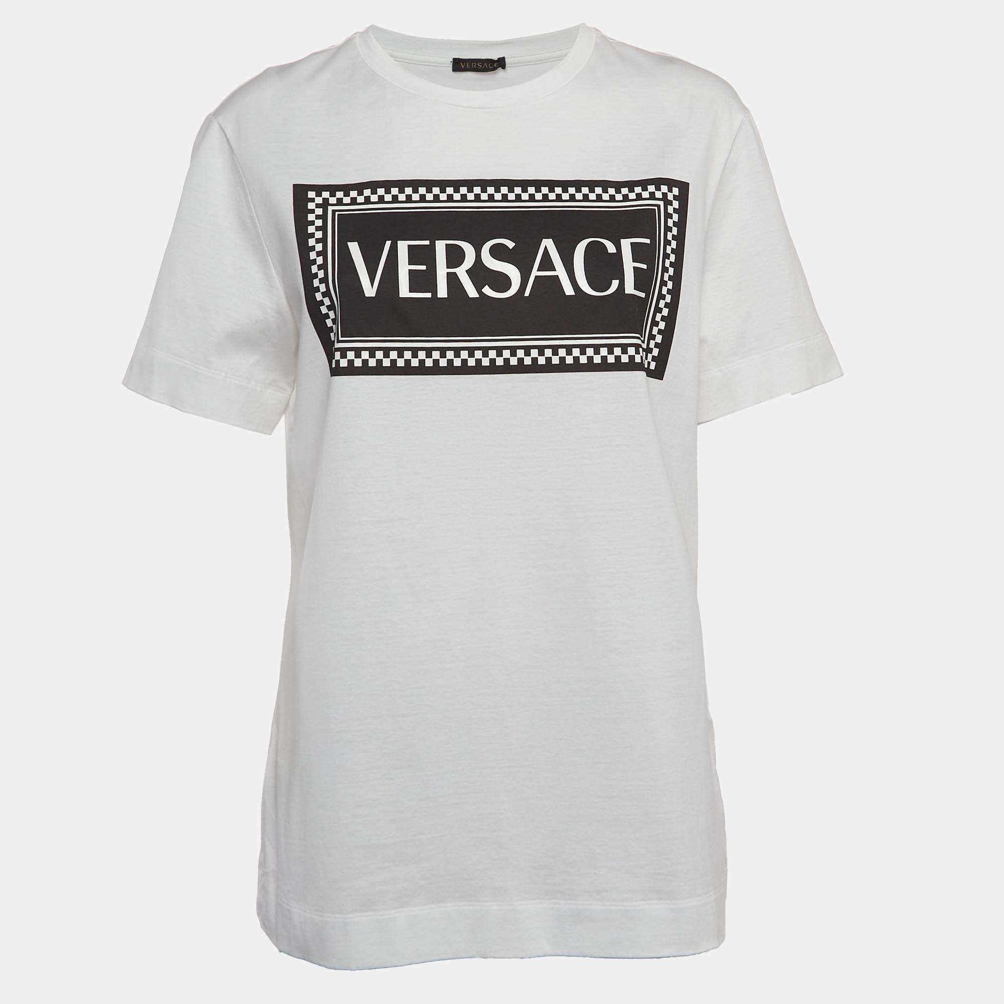 Pre Owned Versace White Logo Print Cotton T-Shirt M