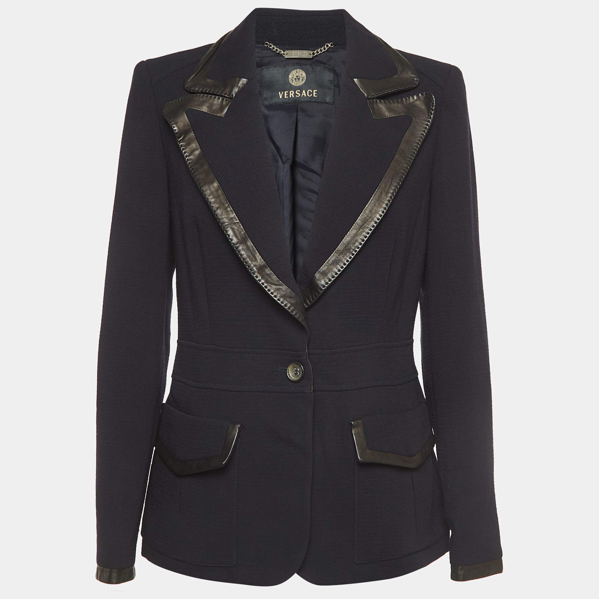 Pre Owned Versace Navy Blue Leather Trimmed Wool Single Breasted Blazer M