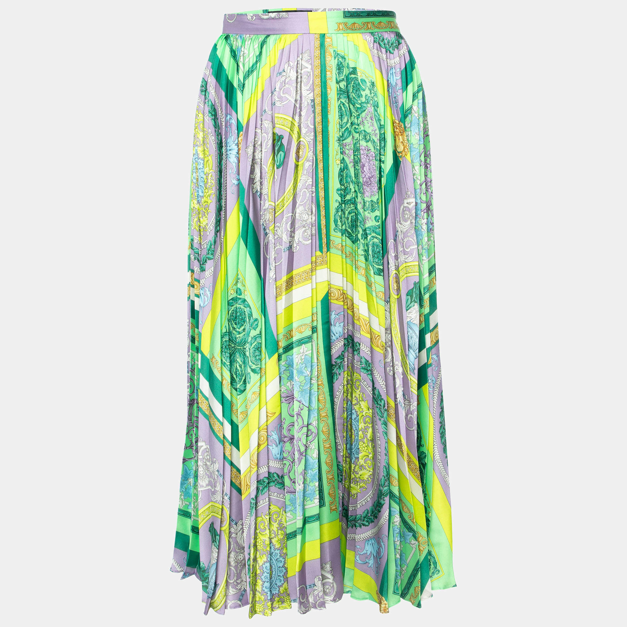Pre Owned Versace Green Baroque Mosaic Print Satin Pleated Skirt M