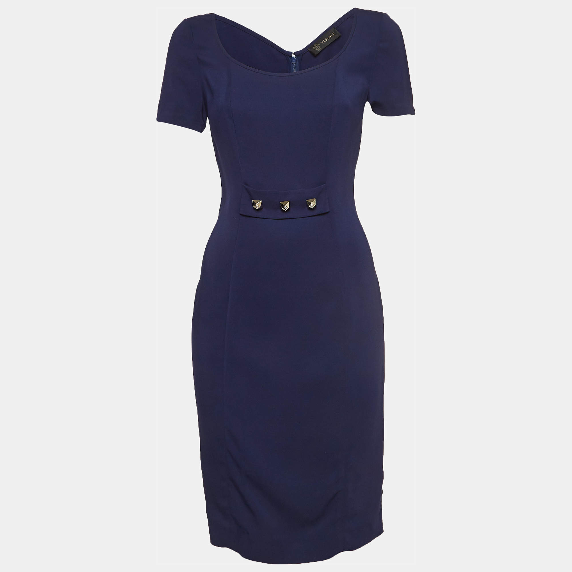 Pre Owned Versace Blue Metal Logo Embellishment Crepe Sheath Dress M
