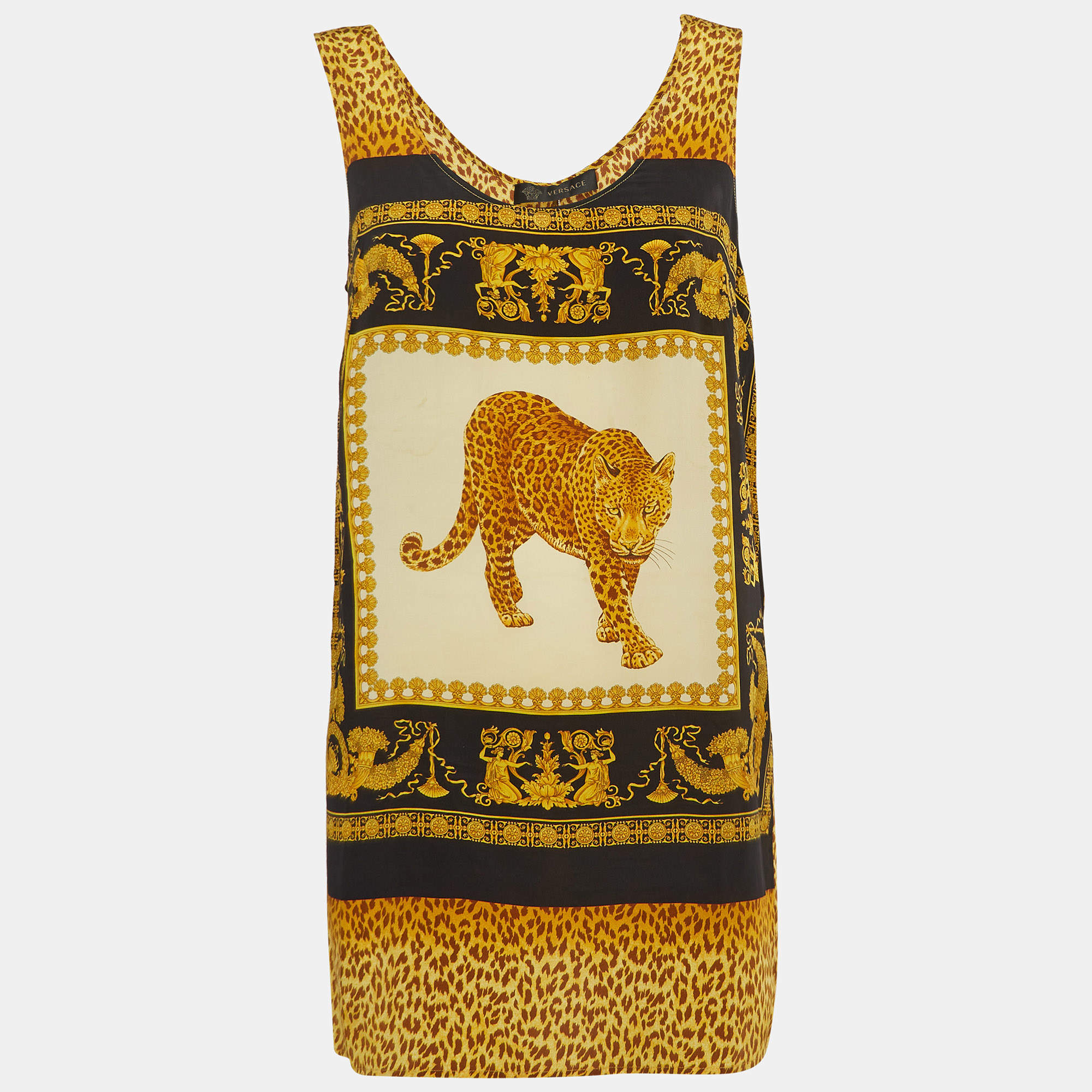 Pre Owned Versace Yellow/Black Leopard Print Silk Sleeveless Tunic Top S