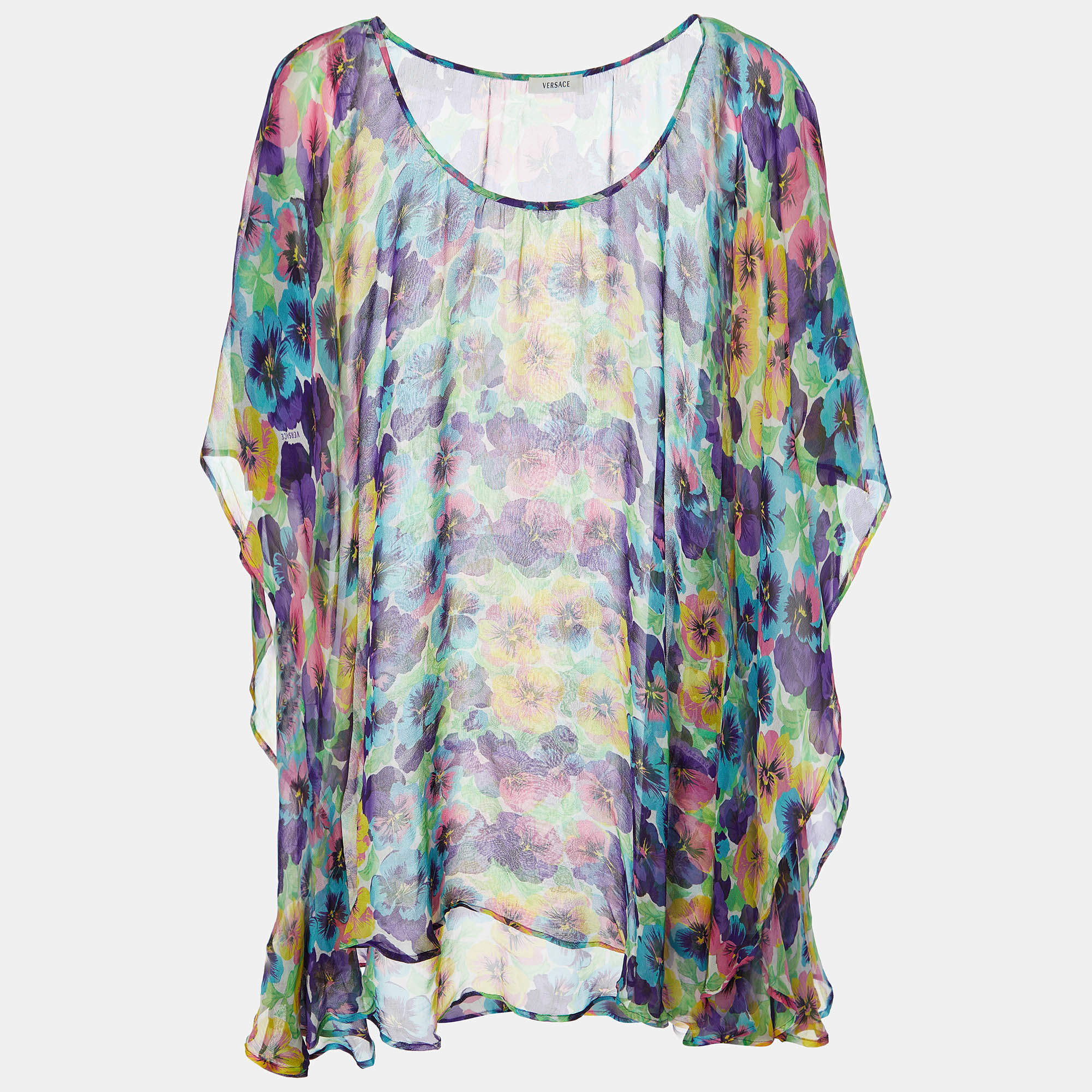 Versace Multicolor Floral Printed Silk Kaftan Top L