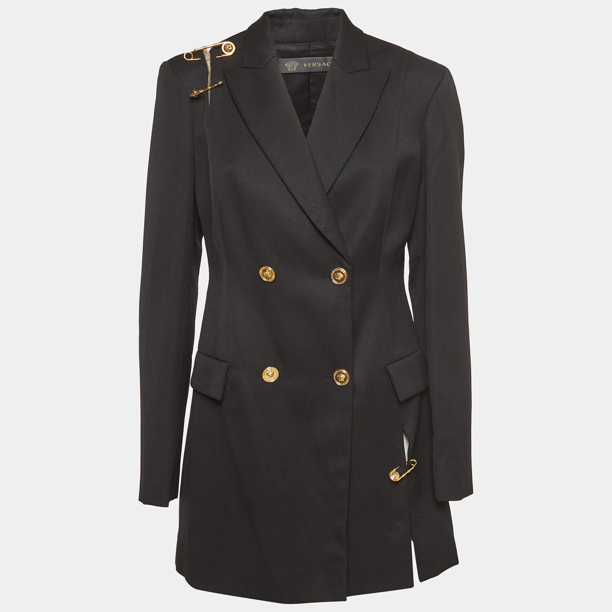 Pre Owned Versace Black Safety Pin Detailed Wool Double Breasted Blazer M