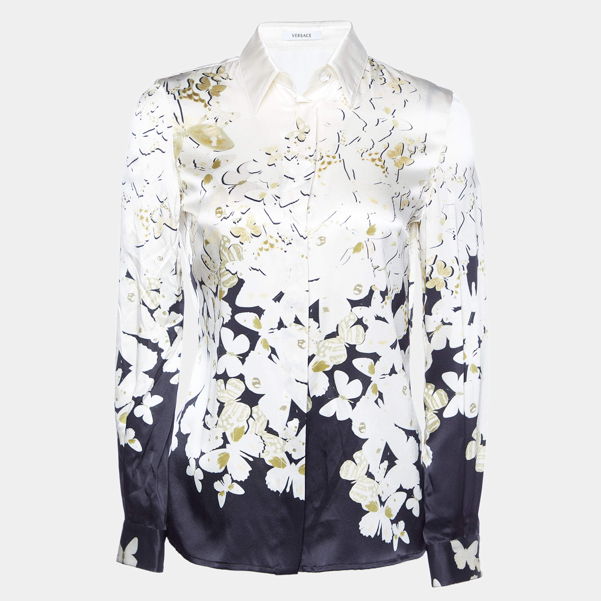 Pre Owned Versace Cream/Black Butterfly Print Silk Button Front Shirt S