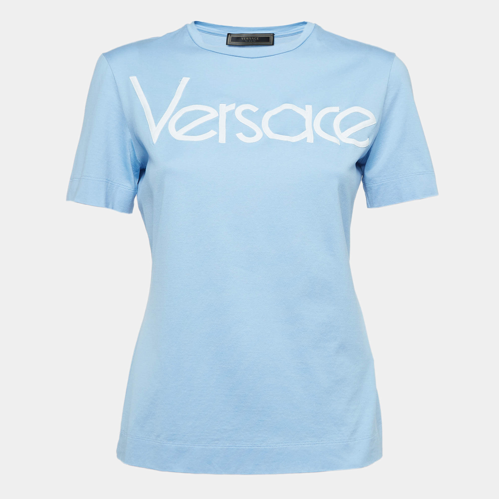 مملوكة مسبقًا Versace Blue Embroidered Cotton Knit Tshirt XS