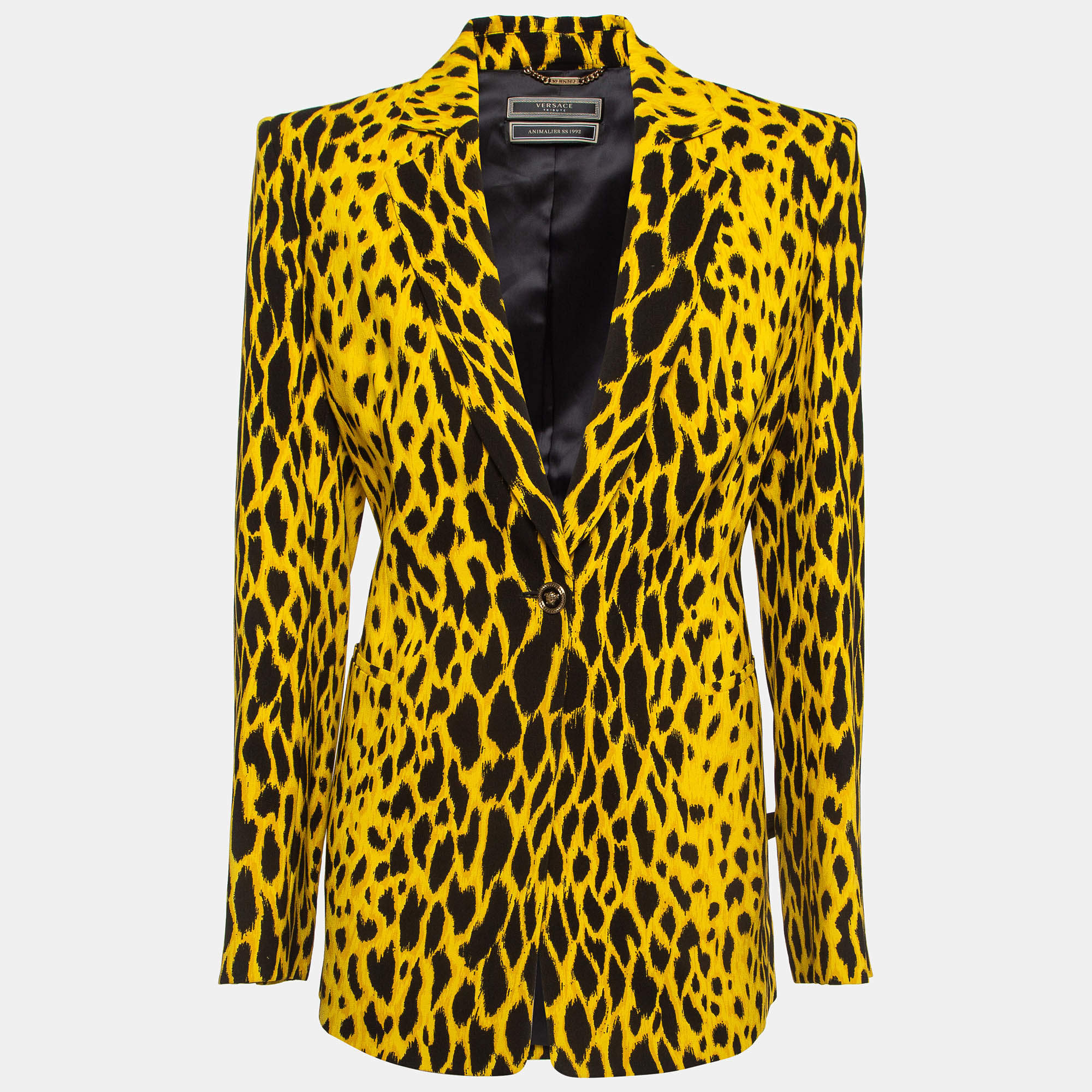 Versace Tribute Animalier SS 1992 Yellow Leopard Print Crepe Jacket L