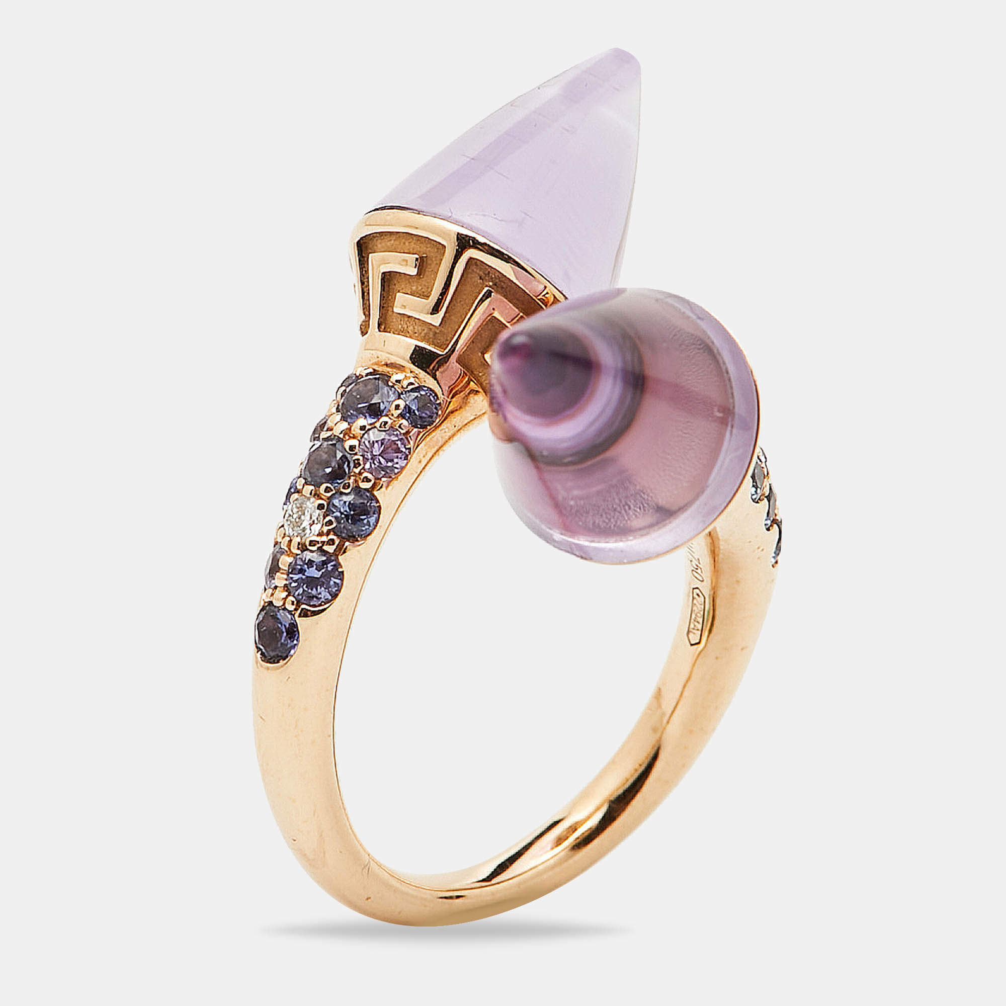 Versace Virya Amethyst Diamond 18K Rose Gold Cocktail Ring Size 48