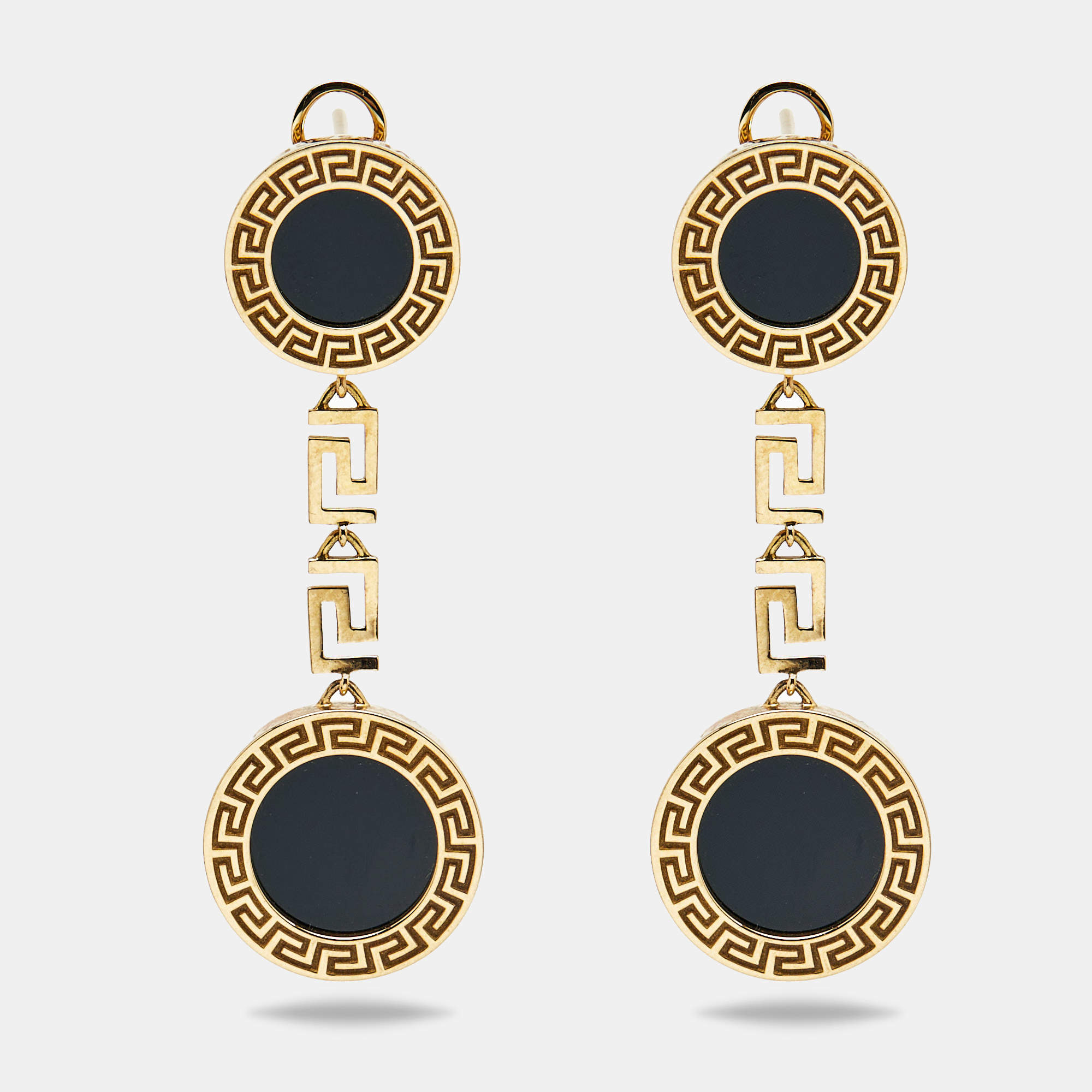 Pre Owned Versace Greca Onyx 18k Yellow Gold Earrings