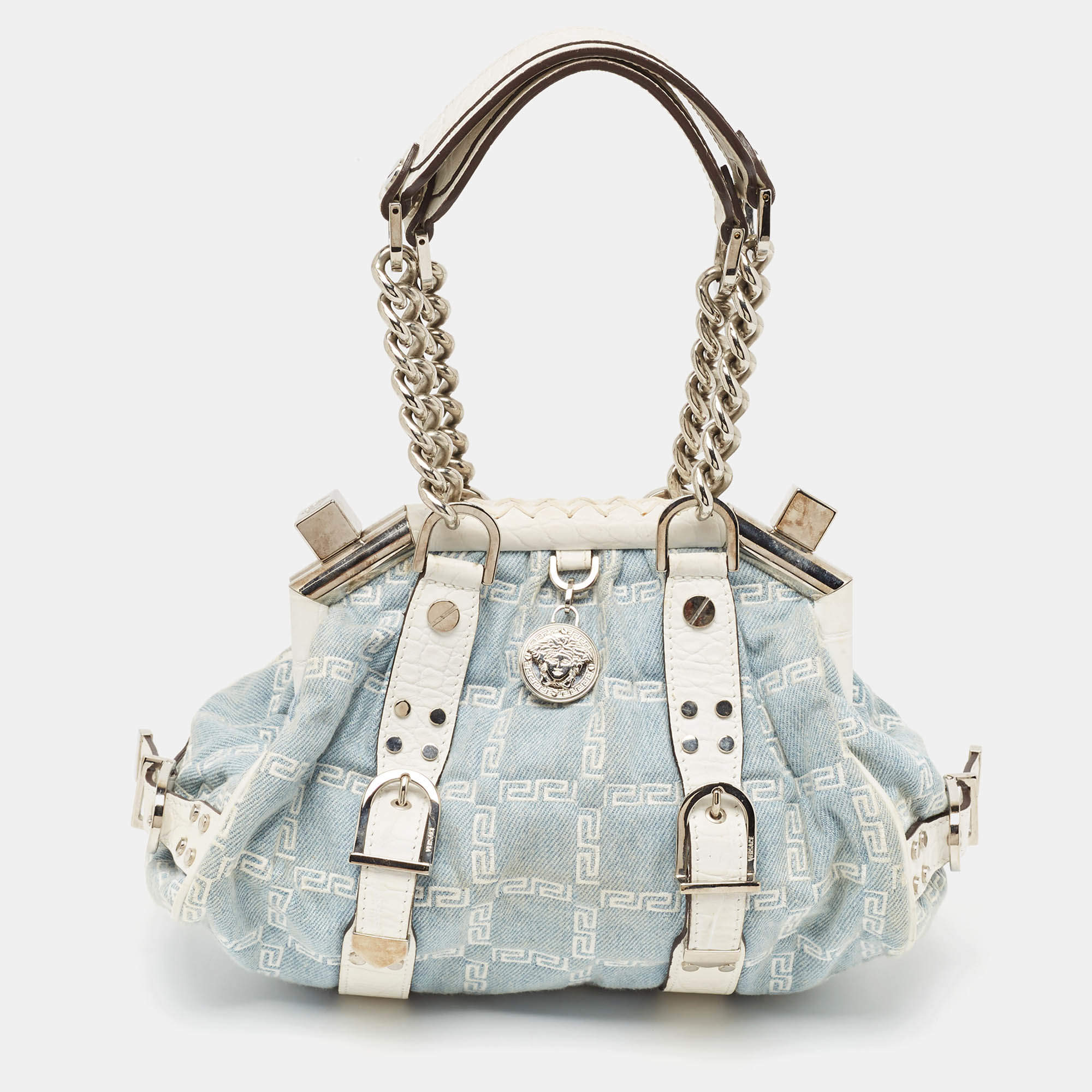 Versace Blue/white Denim and Croc Embossed Leather Madonna Satchel