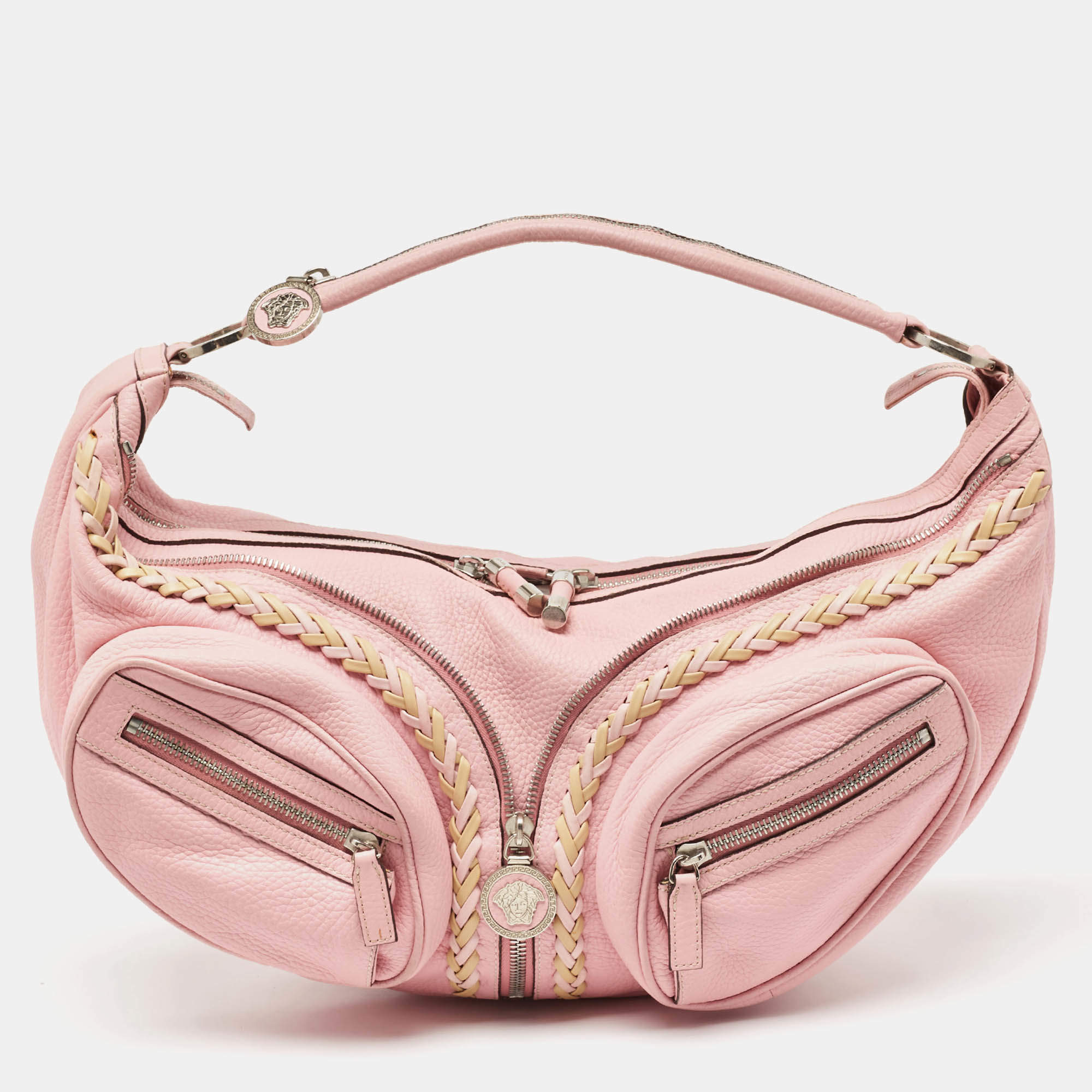 Versace Pink Leather Zip Embellished Repeat Hobo