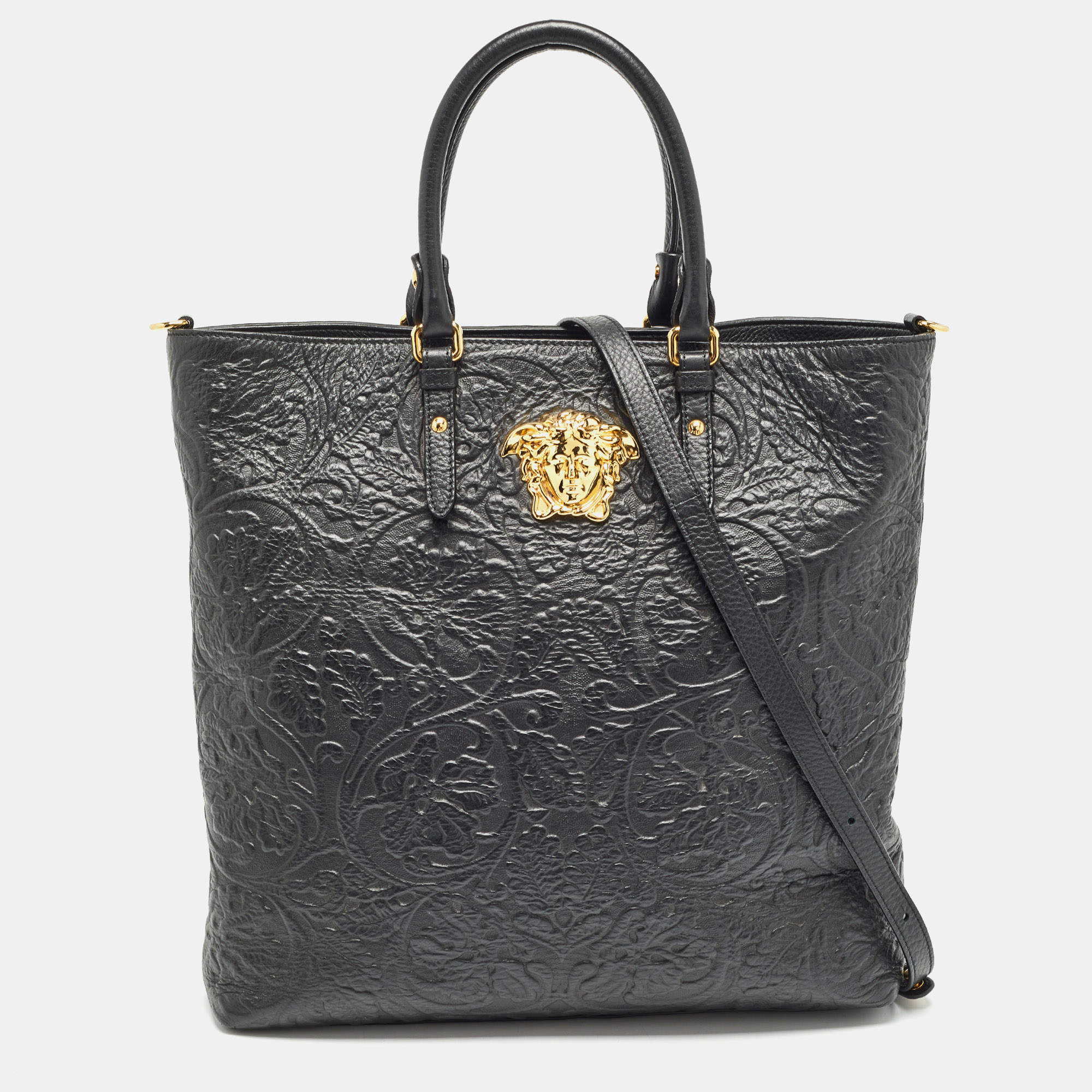 Versace Black Barocco Embossed Leather La Medusa Tote